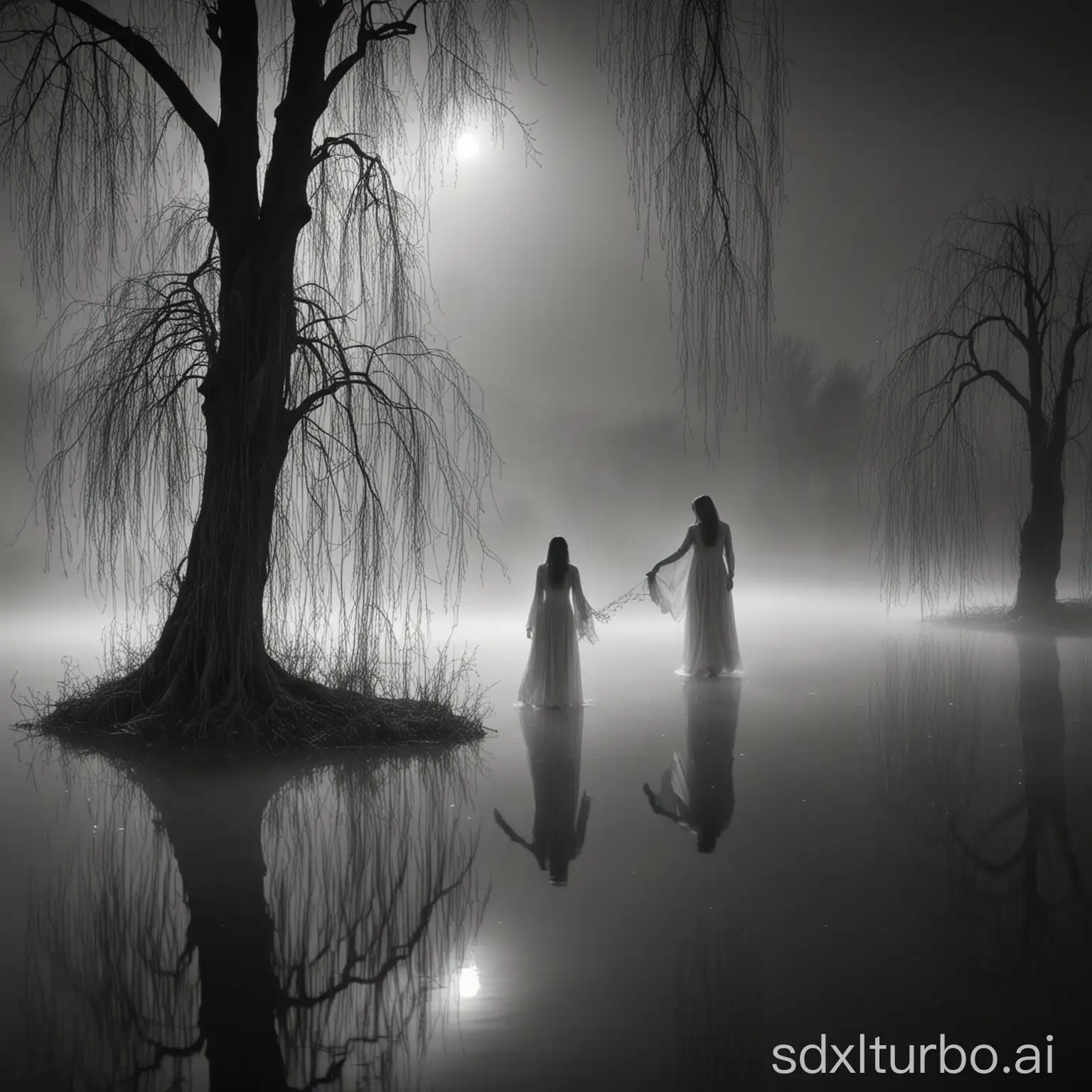 Ethereal woman in flowing dress walking on misty lake surface, weeping willows, full moon reflection, monochrome long exposure