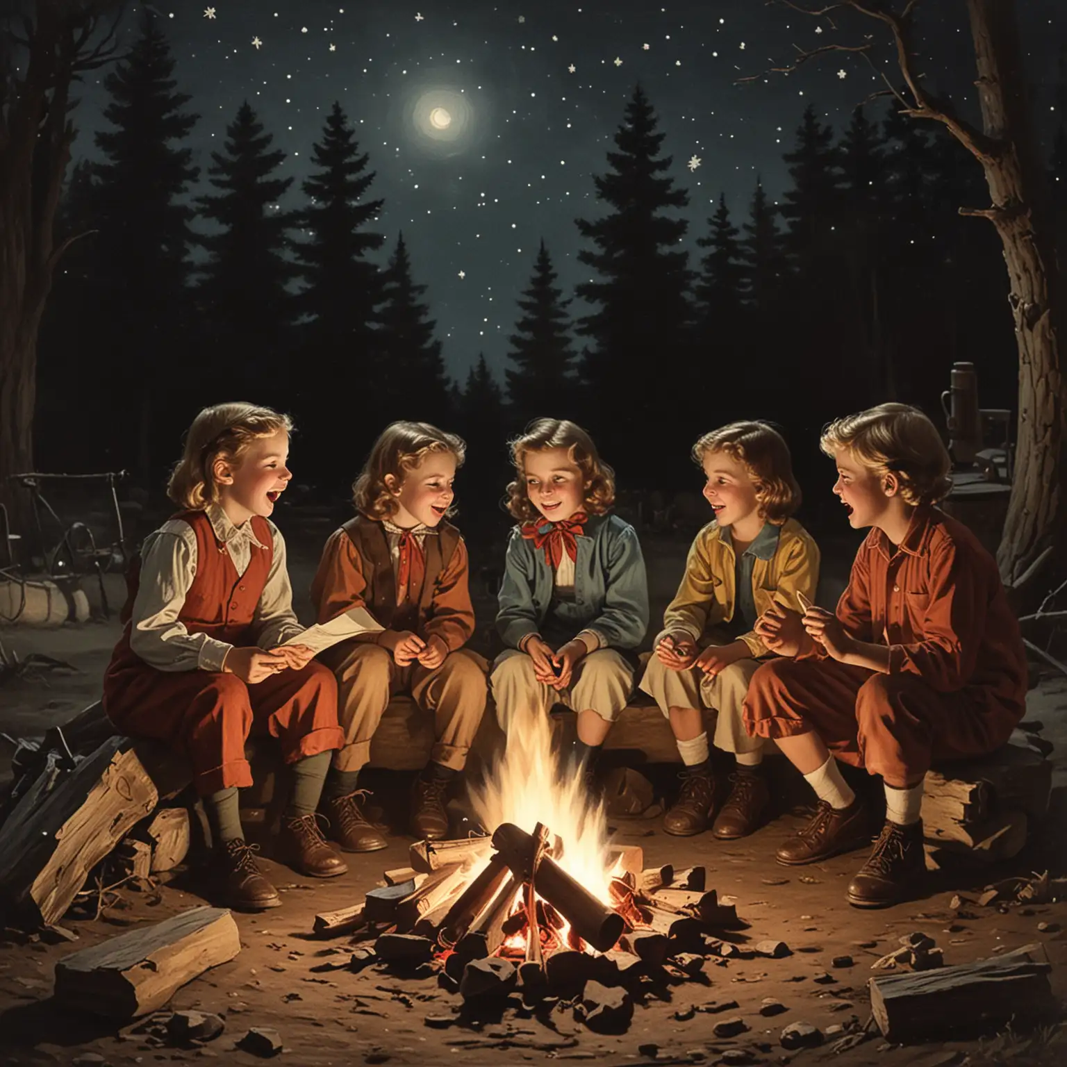 Vintage Children Singing Around Campfire at Night