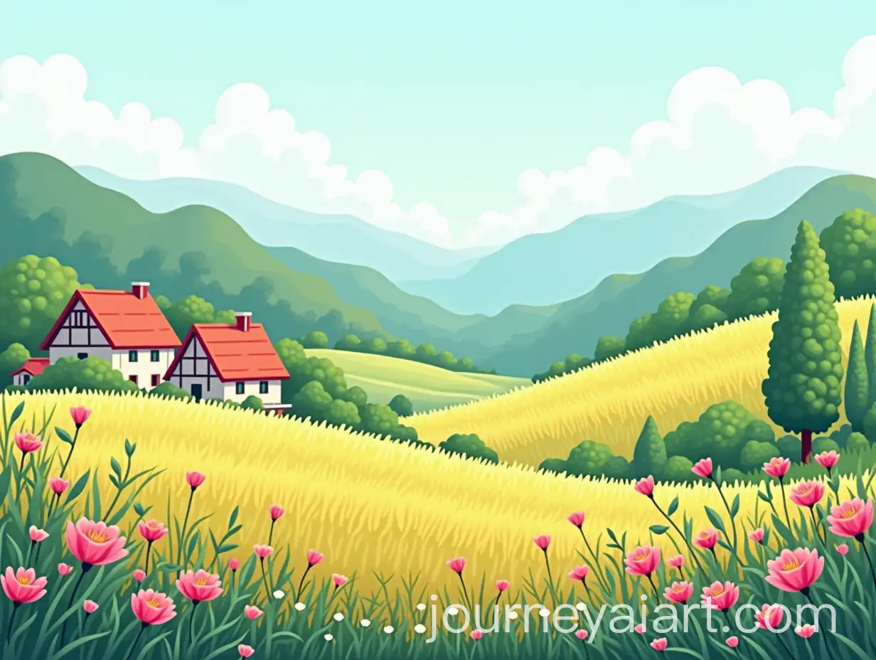 Village-Background-withAI-Image-Expansion-Beautiful-Flowers-and-Paddy-Field-in-Flat-Vector-Art-Style