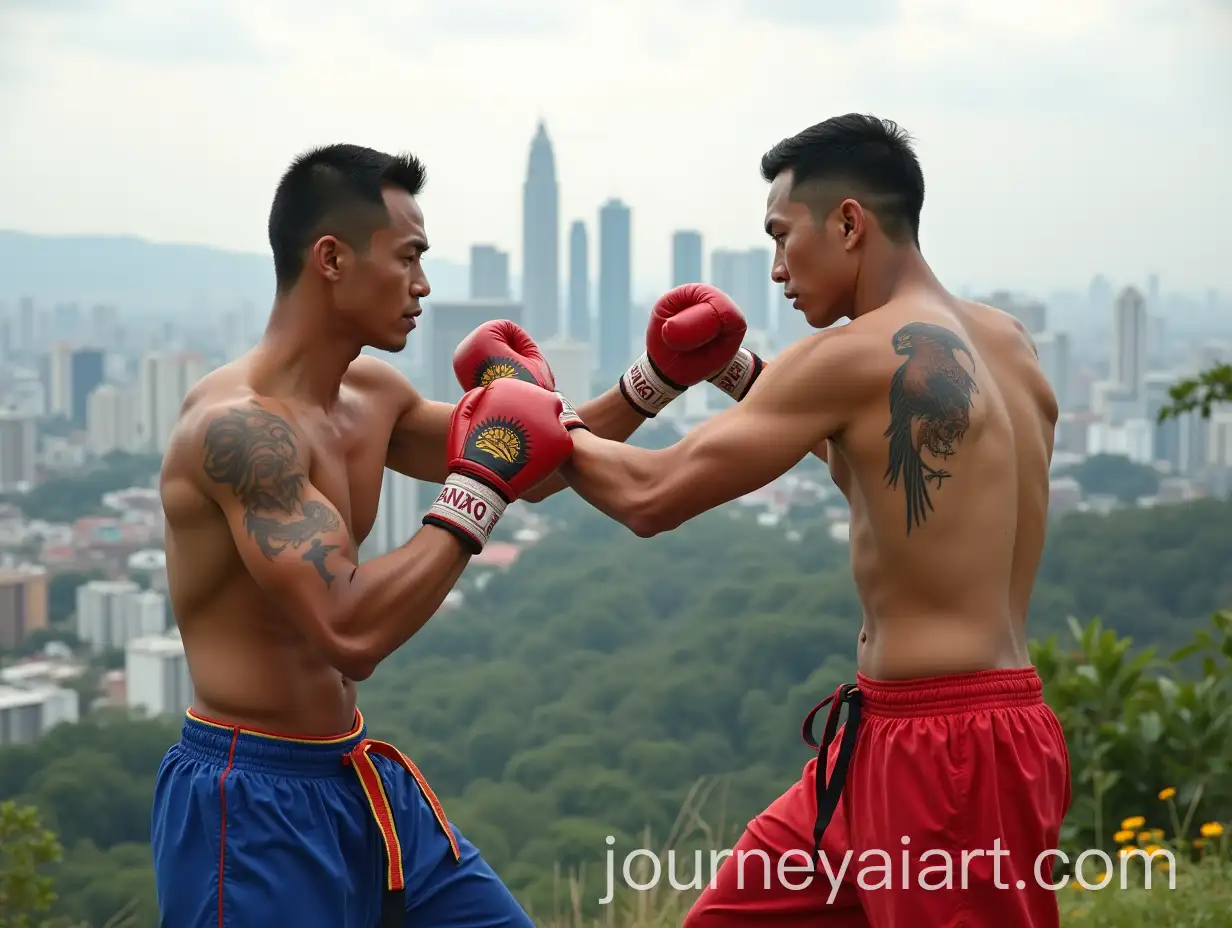 Filipino-and-Mexican-Martial-Artists-Sparring-on-Mountain-Top-with-Manila-Skyline