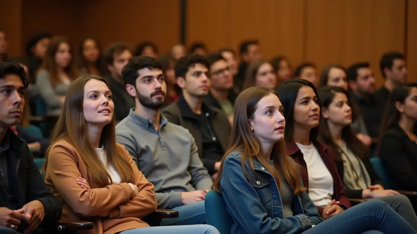 Students in the audience listen to the professor: a diverse group of young people, some surprised, some thoughtful.