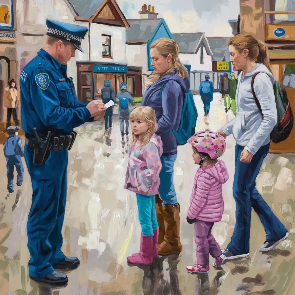 a modern realistic oil painting of a funny scene in a Scottish highlands ski village square: a British police officer writing a ticket for a mother whose four-year-old daughter is not wearing a bike helmet, the four-year-old girl standing next to her mother with blonde hair without a bike helmet , and have another mother walking by looking at the scene with her two-year-old daughter wearing a pink flowery bike helmet, and all other children in the scene wearing bike helmets even while walking