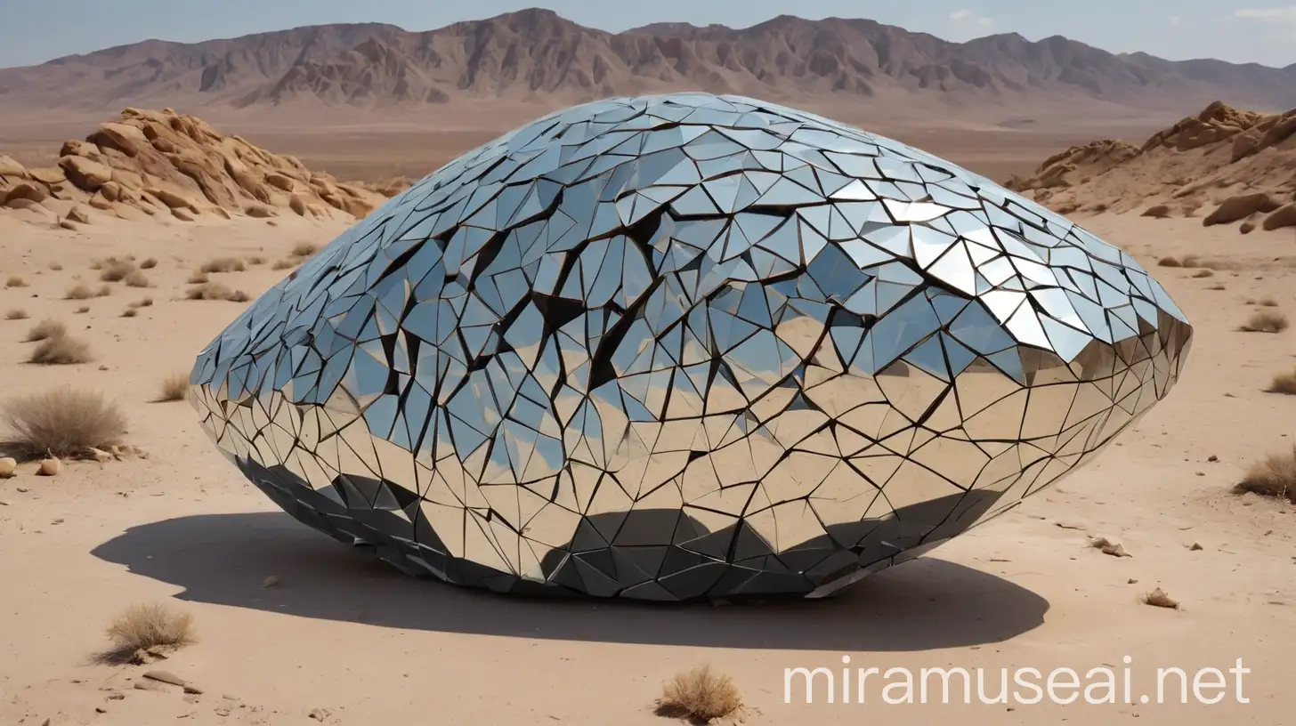 Art - object cloud - meteorite from mirror mosaic in the desert in the style of Zaha Hadid