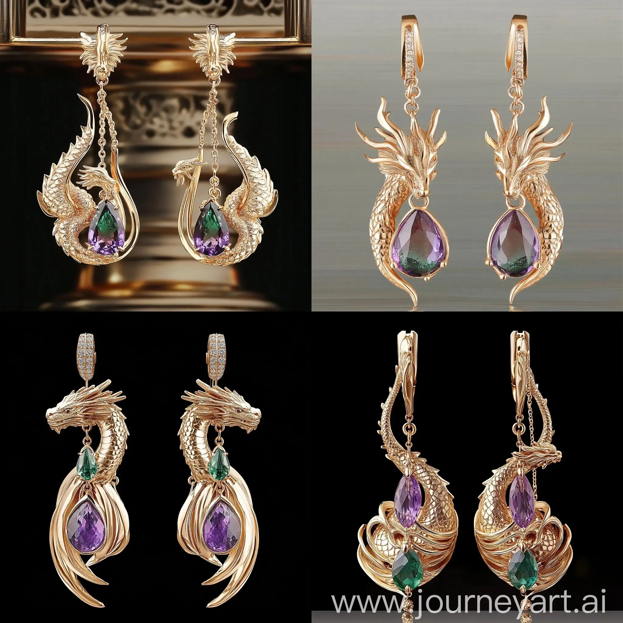 Golden-Dragon-Earrings-with-Emerald-and-Dangling-Chains