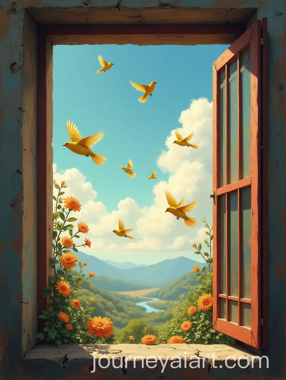 Vintage-Oil-Painting-of-Canaries-Flying-Outside-Closed-Window