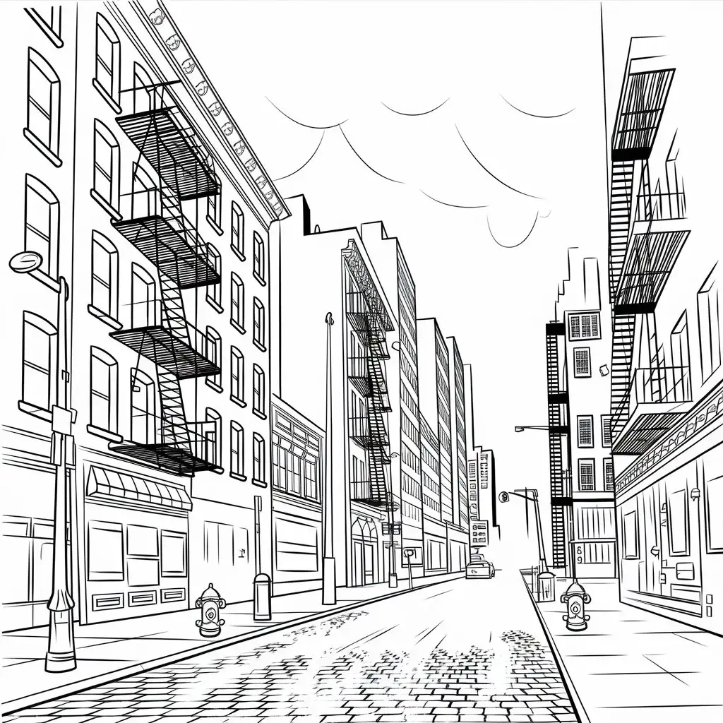 Detailed Black and White Coloring Page of New York Streets in Old School Style