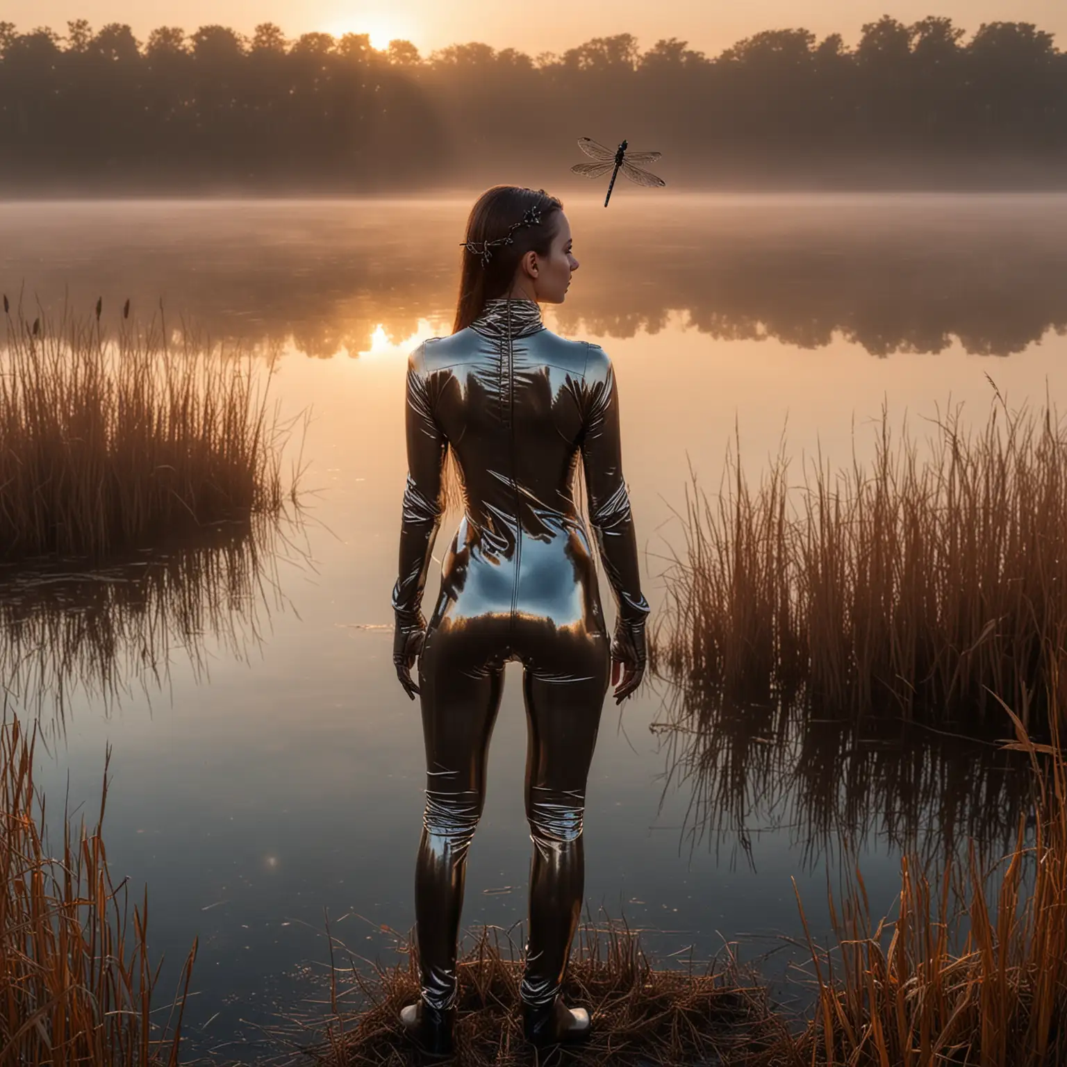 A stunningly beautiful girl in a shiny latex catsuit watching the sunrise from the bank of a misty, reed-filled lake, with a single dragonfly above her head