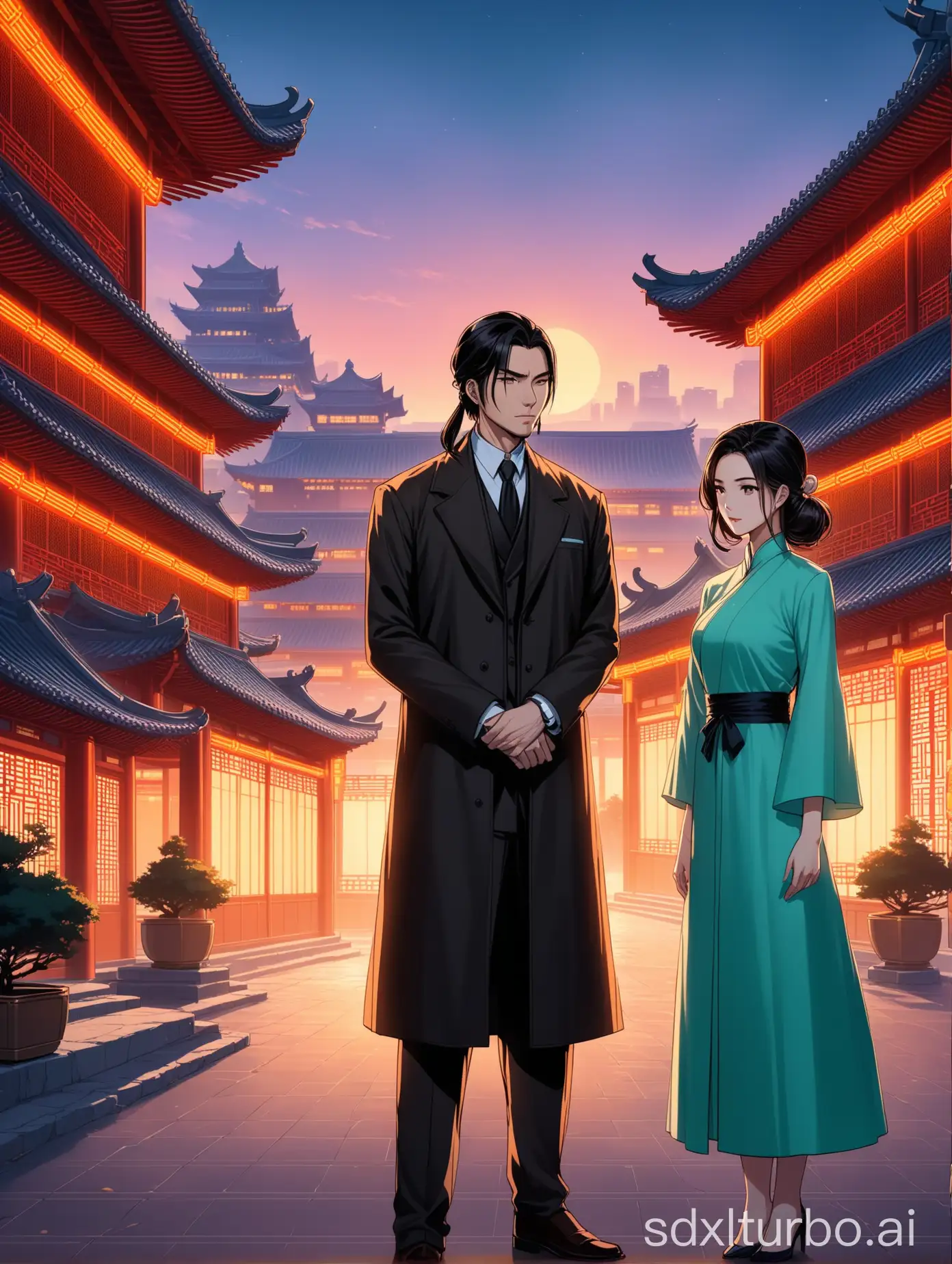 A confident young doctor named Jiang Feng, with a thoughtful expression, standing beside a noble and elegant woman with a mysterious aura. In the background, a blend of modern cityscape with bright neon lights and an ancient, luxurious estate with traditional architecture. The scene should convey a sense of mystery, conflict, and intrigue, reflecting the protagonist's inner turmoil and the clash between modern and traditional worlds. The doctor is wearing a stylish, modern suit, while the woman is in traditional, elegant attire. The setting is at dusk, with a soft, warm glow.