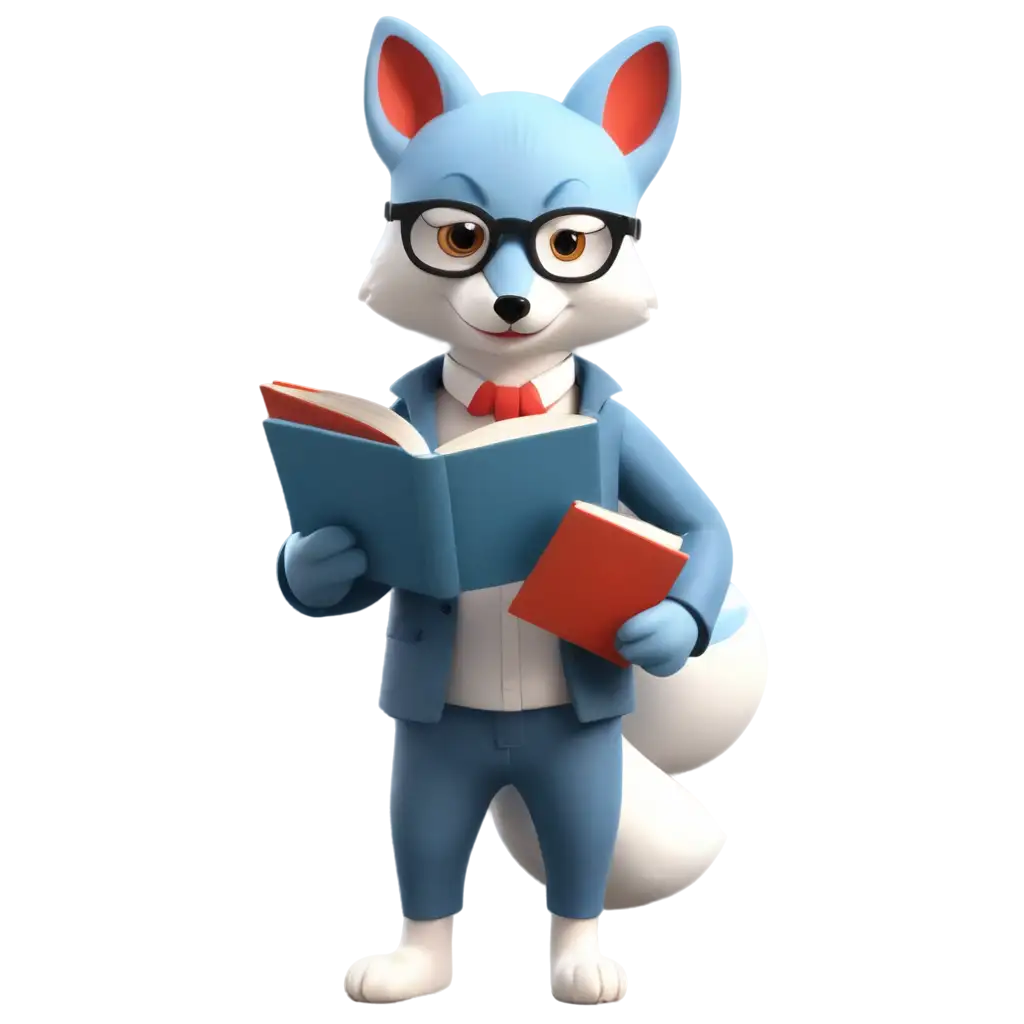 Light-Blue-and-White-Fox-Holding-a-Book-Cartoon-PNG-Image