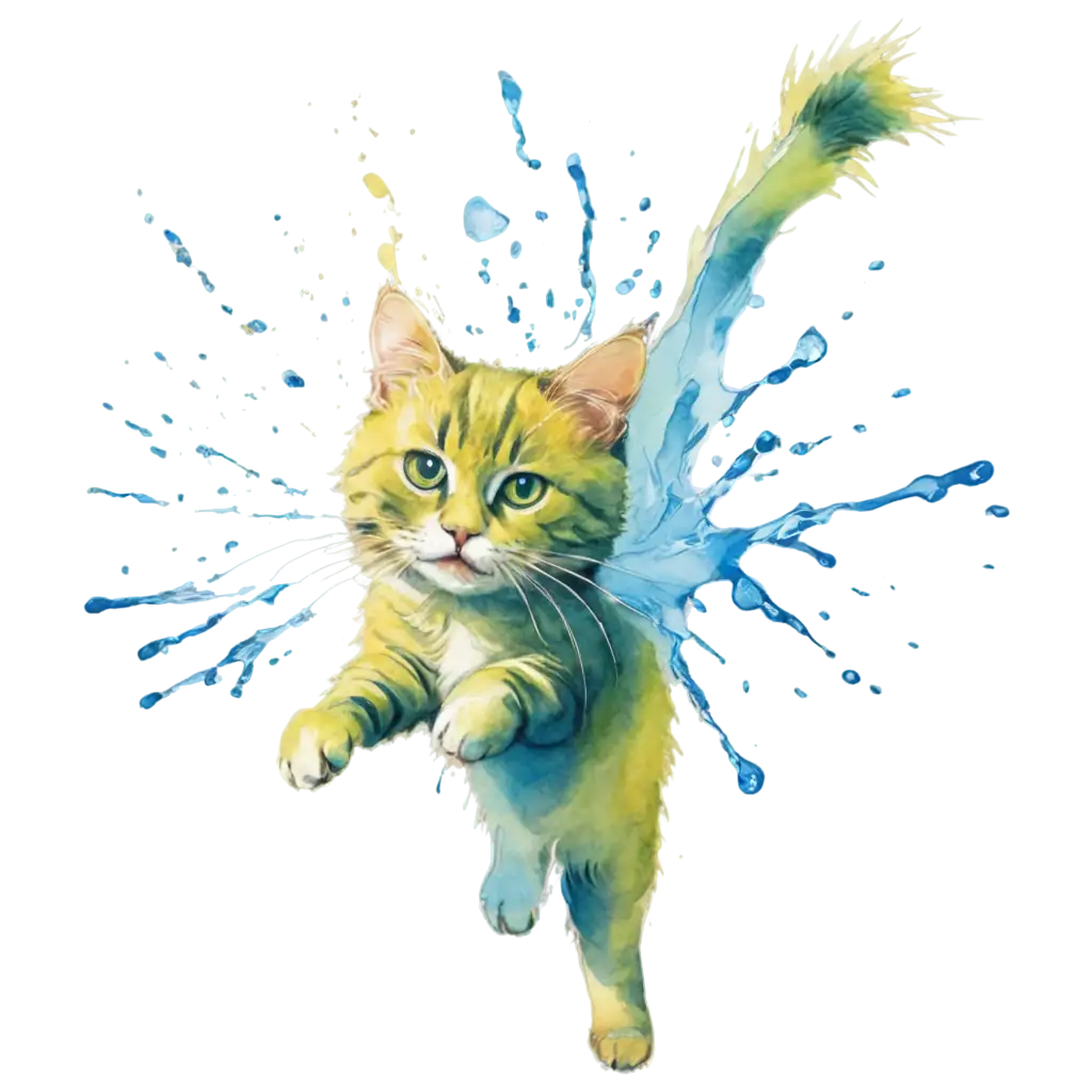 Stunning-Splashing-Cat-Watercolor-PNG-Dive-into-Vibrant-Yellow-Green-and-Blue-Hues