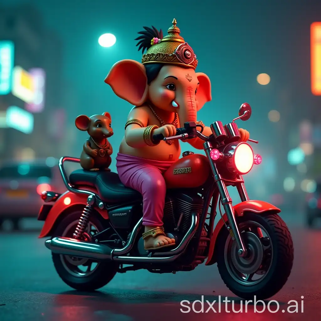 Cute lord Ganesh with his little partner Mouse on a backseat on a motorbike in cyberpunk at night, teal , orange and pink neon lights