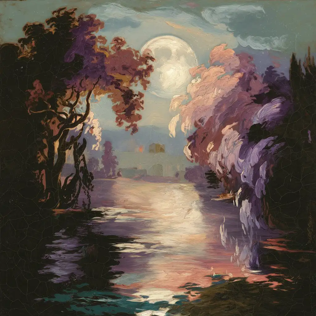 Soft shades of dusk in lilac, purple, blue and peach on moonlit trees overhanging water.7 inches by 7 inches Rembrandt style