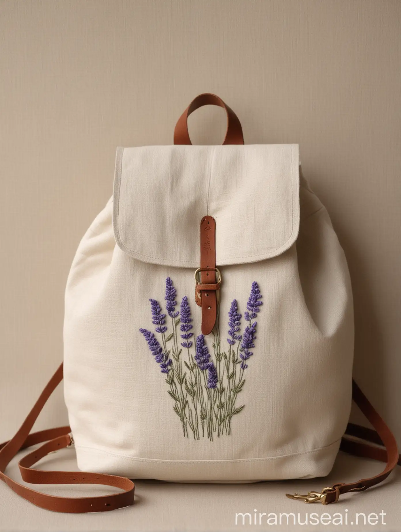 Linen Backpack with Lavender Flower Embroidery and Leather Strap