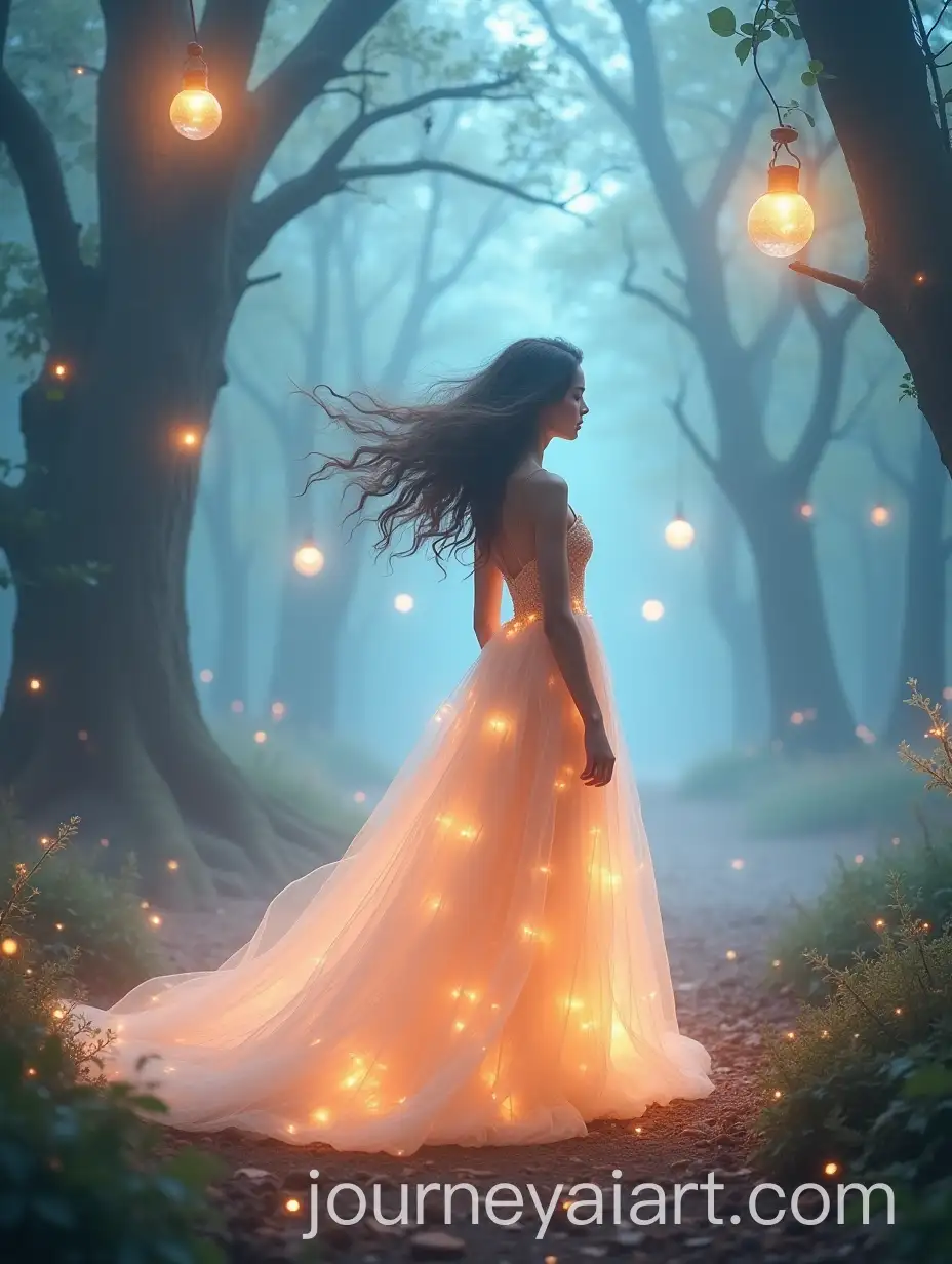 Elegant-Woman-in-a-Radiant-Enchanted-Forest-with-Floating-Spheres
