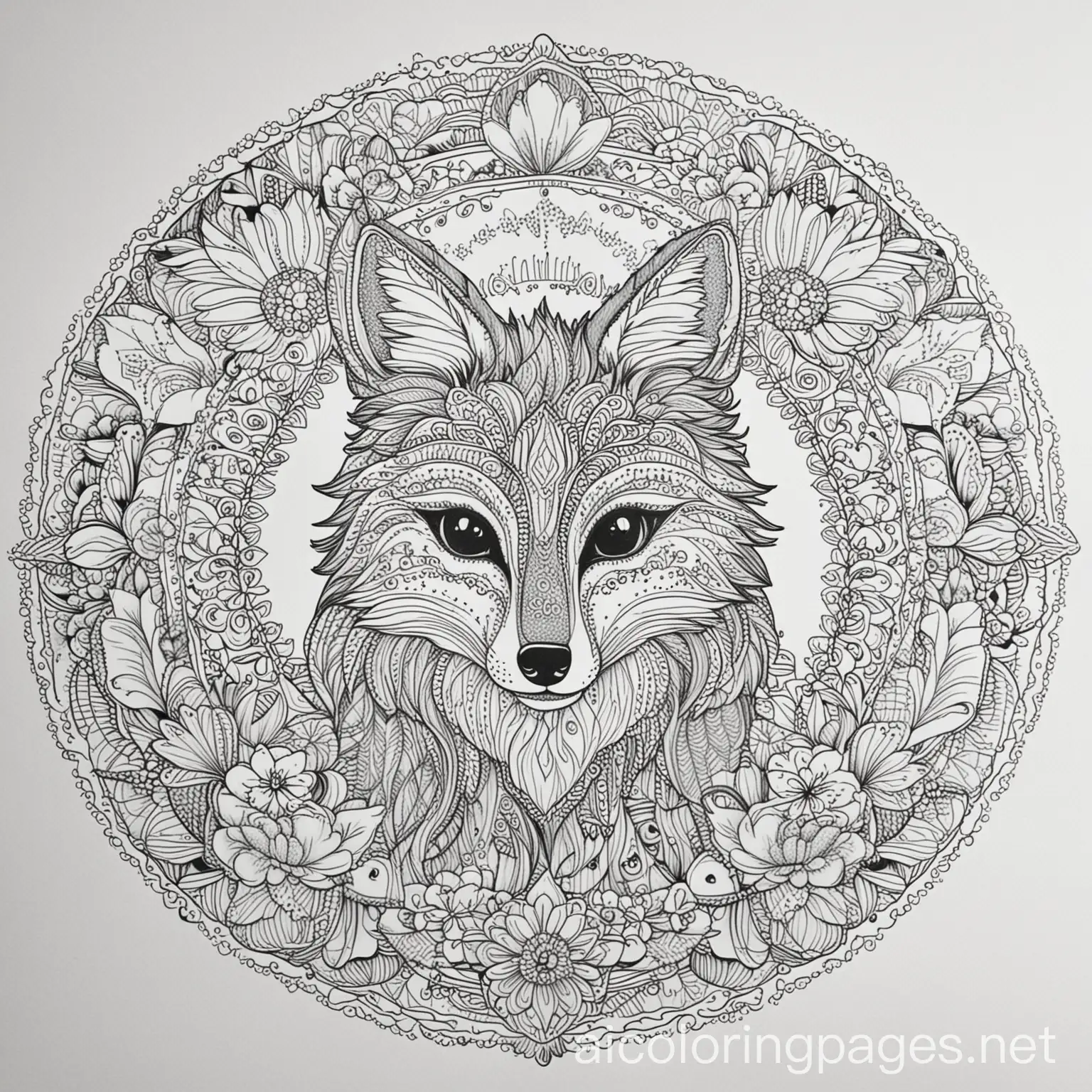 Mandala-Fox-Coloring-Page-with-Floral-Background