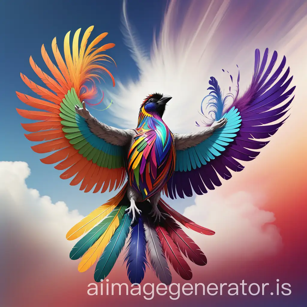 Colorful-Transformation-of-a-Man-into-a-Bird-with-Long-Feathers-Flying-in-the-Sky