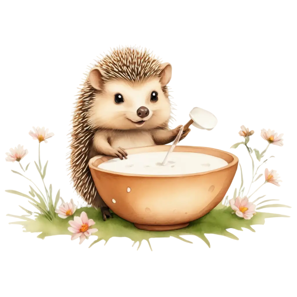 Adorable-Hedgehog-Drinking-Milk-from-a-Bowl-PNG-Image-Childrens-Illustration-Style-with-Grass-and-Flowers-Background