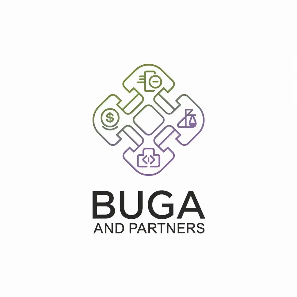 a vector logo design,with the text "Buga and partners", main symbol:Financial, accounting, and legal icons. Green and purple color.,Minimalistic,be used in Legal industry,clear background