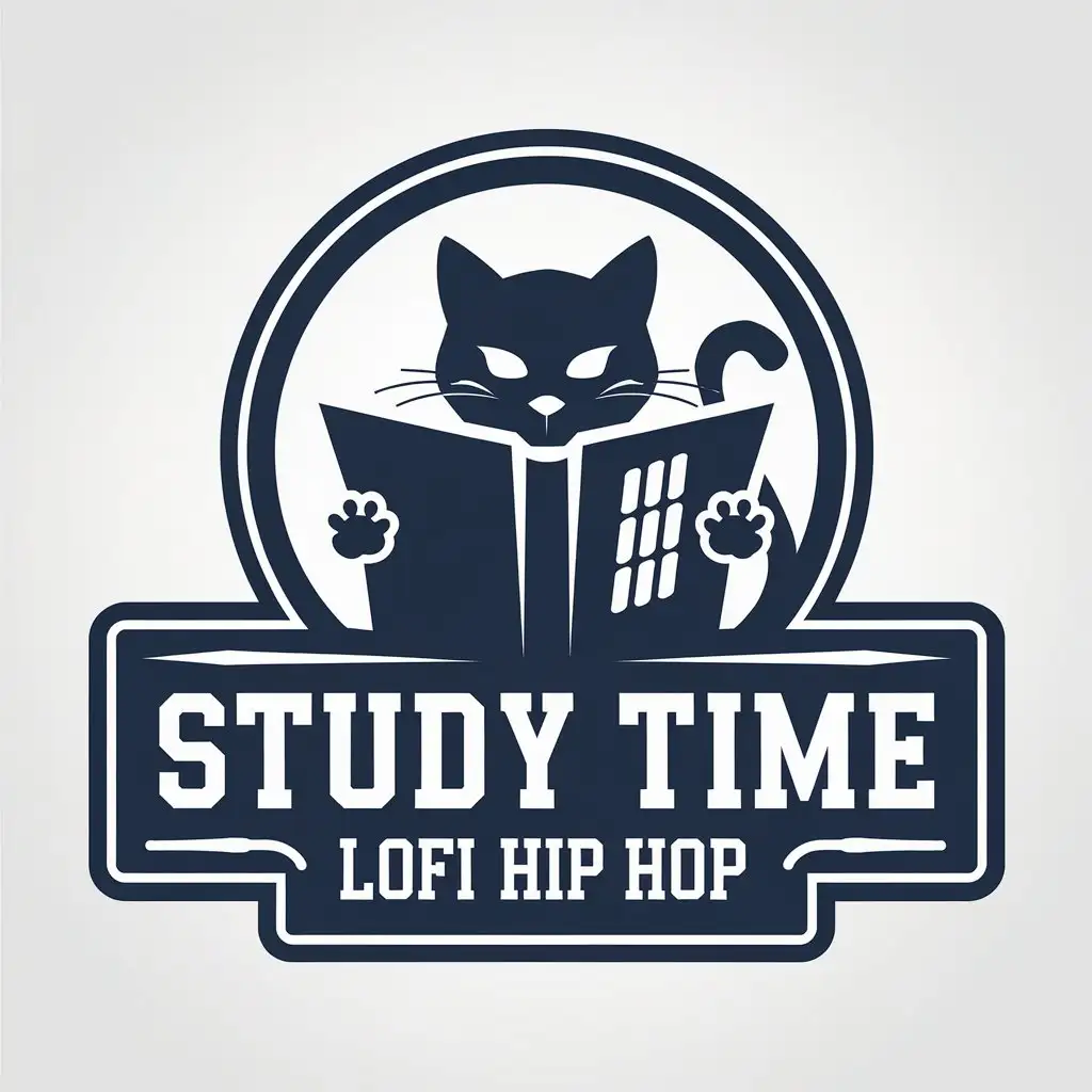 LOGO Design for STUDY TIME LOFI HIP HOP Cat Reading a Book with Navy Blue and White Monotone Theme