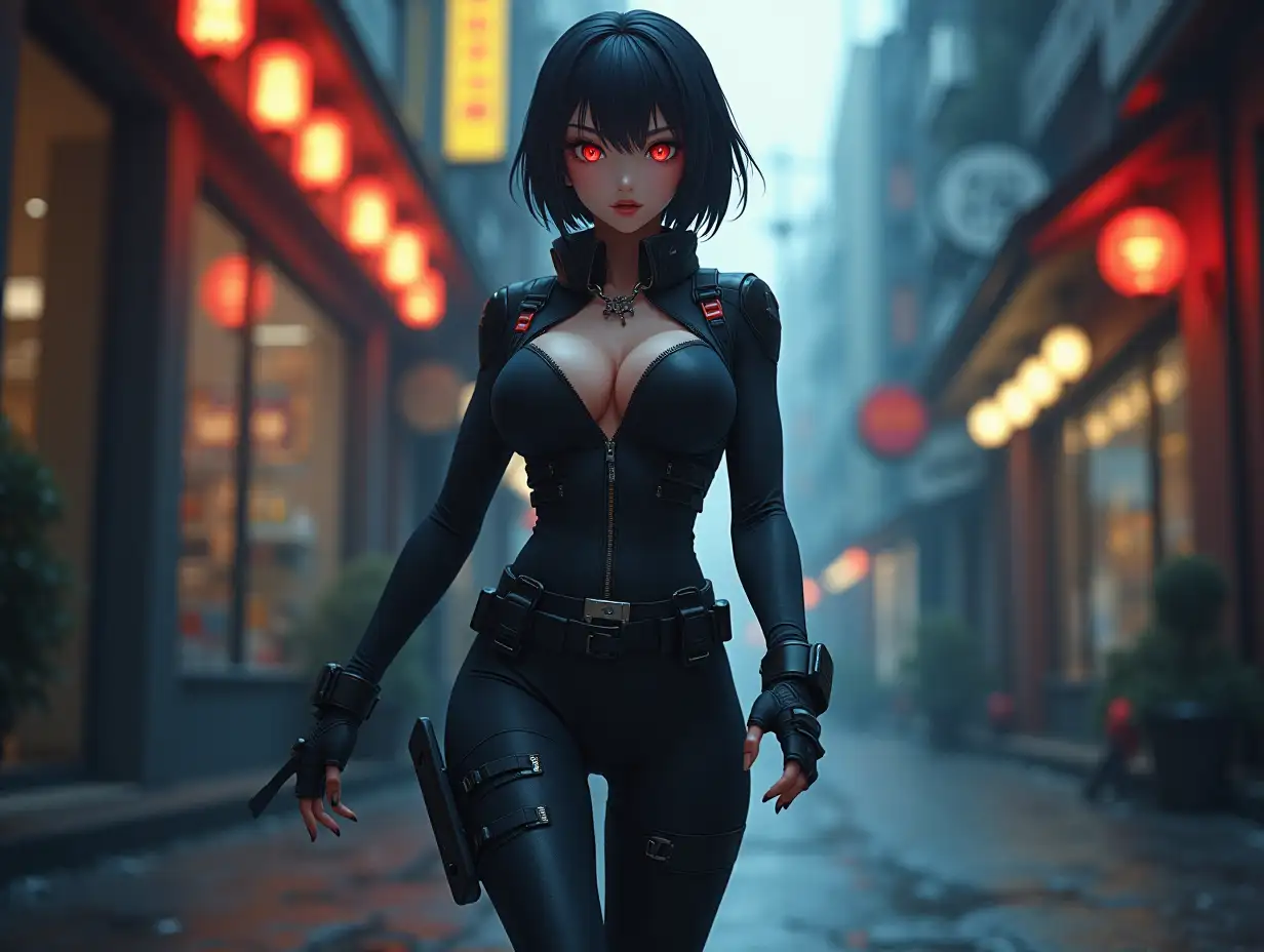 Short hair, mature Asian woman thief cyber runner in a dynamic full-length pose, eyes with red electronic pupils, large breast, extreme skintight body glove zipped down with cleavage, combat boots and combat belt. Full view of her body from boots up, low wide angle. Future store filled city alley street. Anime