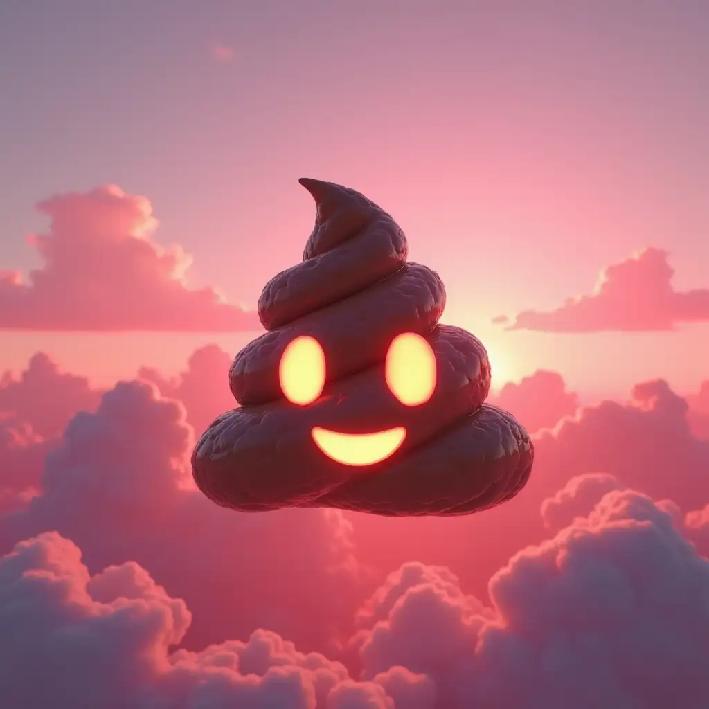 a glowing poop emoji made from bits of clipped fingernails floating in the sky, pink clouds, sunset, 8k, specular lighting