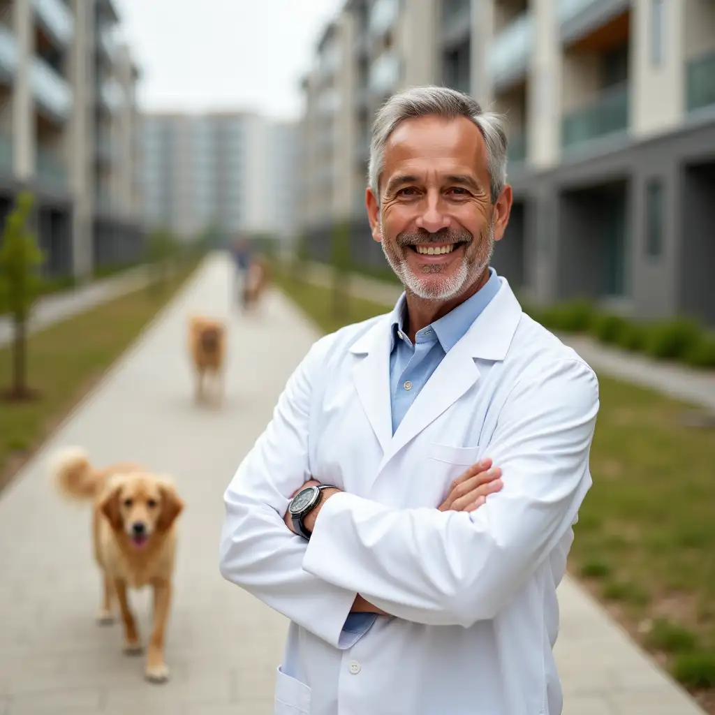 photorealistic portrait of a middle-aged man, veterinarian, in a white lab coat, arms crossed, smiling warmly. outdoor setting, light beige/gray paved walkway, background of modern apartment buildings, with patchy green grass between. focus on man, dogs in blurry motion in the background, a light brown dog in the mid-ground, a bit out of focus. warm light, natural daylight, neutral tones, natural colors, impressionistic blur in the background, soft focus around the subject, professional looking, friendly expression.
