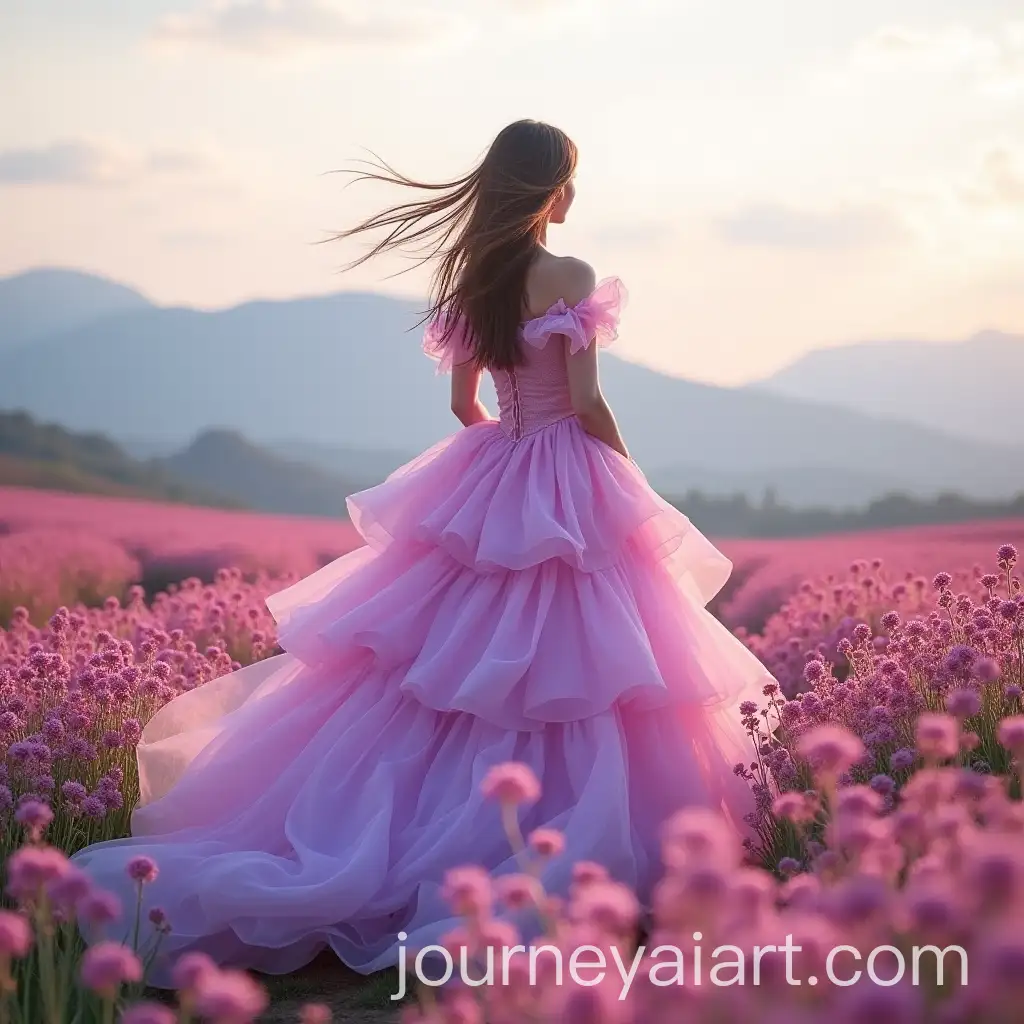 Woman-inAI-Image-Prompt-Expansion-Flowing-Pink-and-Lavender-Gown-Standing-in-a-Vibrant-Flower-Field
