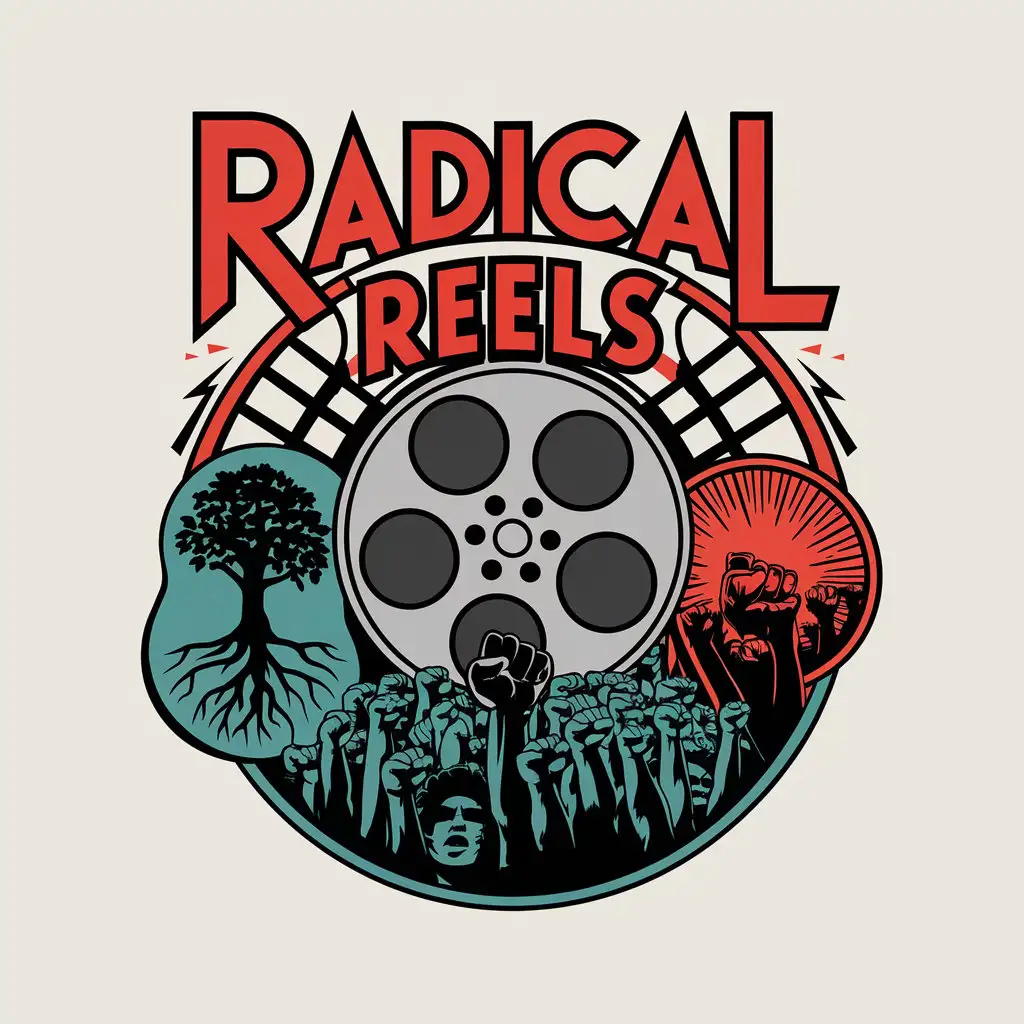 LOGO Design For Radical Reels Movie Reel and Raised Fist Symbolism