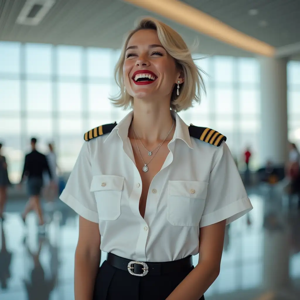 white norvegian pilot lady, in white deep-necked pilot shirt, laughing with her mouth open, red lipstick accentuating her smile,belt on waist, big wide hips, chest are fully grown, jewerly, short hair, HD, enjoing at airport , photo-realism