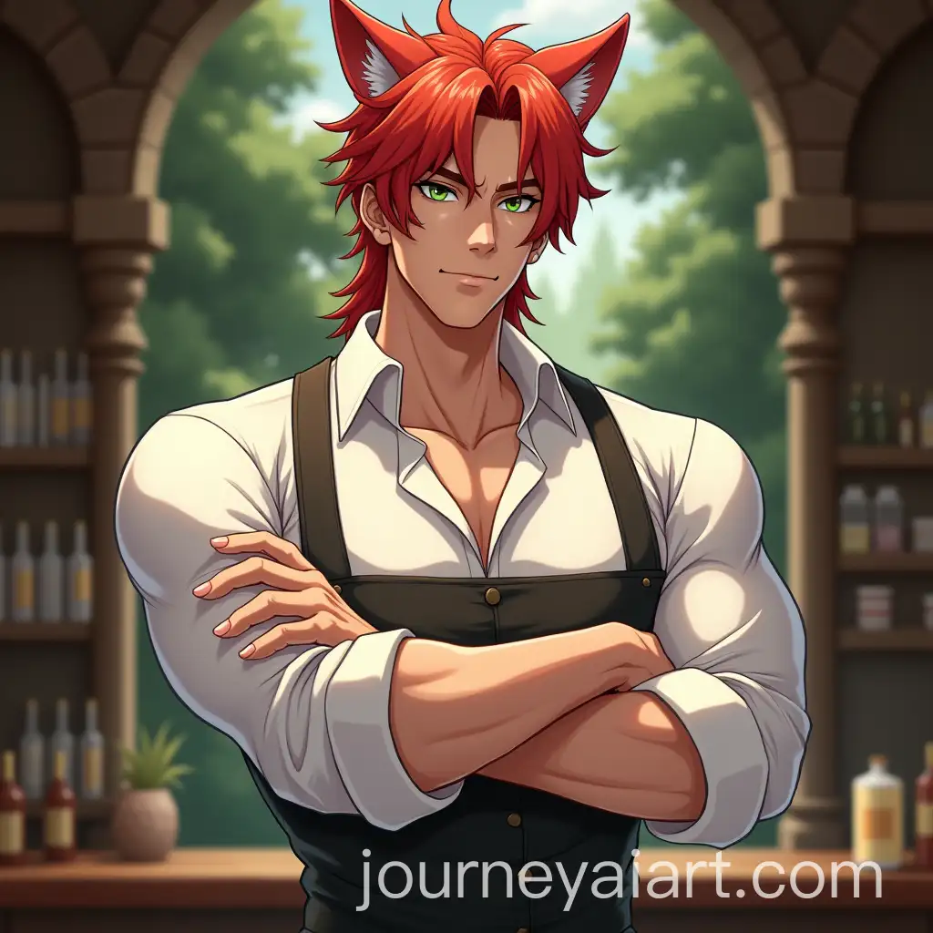 Athletic-Male-with-Cat-Hybrid-Ears-Smirking-in-Front-of-a-Medieval-Bar-with-Forest-Background