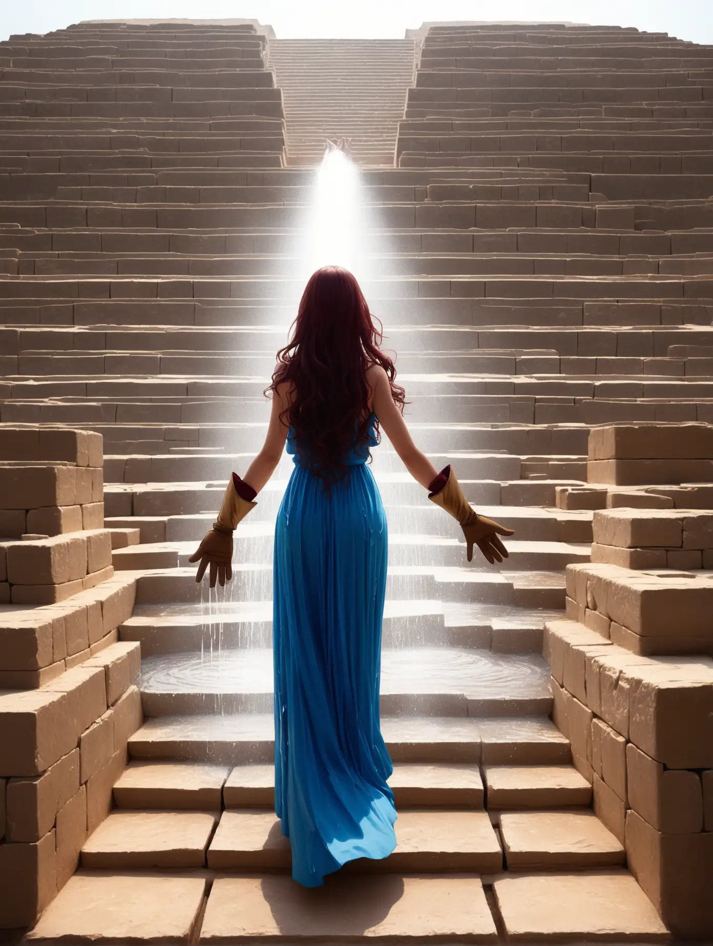 Solitary Young Woman in Greek Style Dress Walking Up Ancient Pyramid