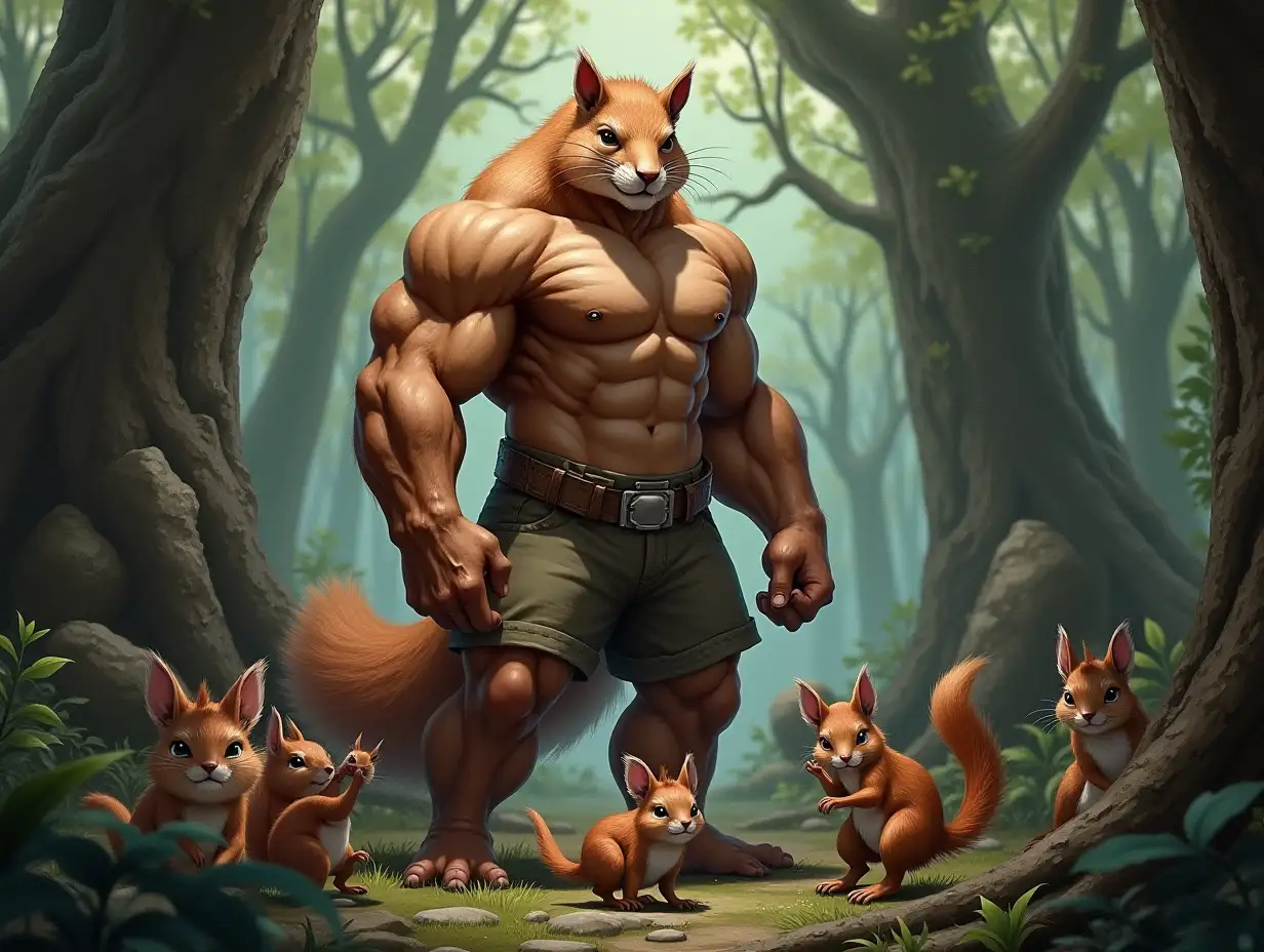 A very detailed photo. A full body representation of an animal-hybrid bodybuilder with squirrels and squirrels in a forest with very large trees and rocks