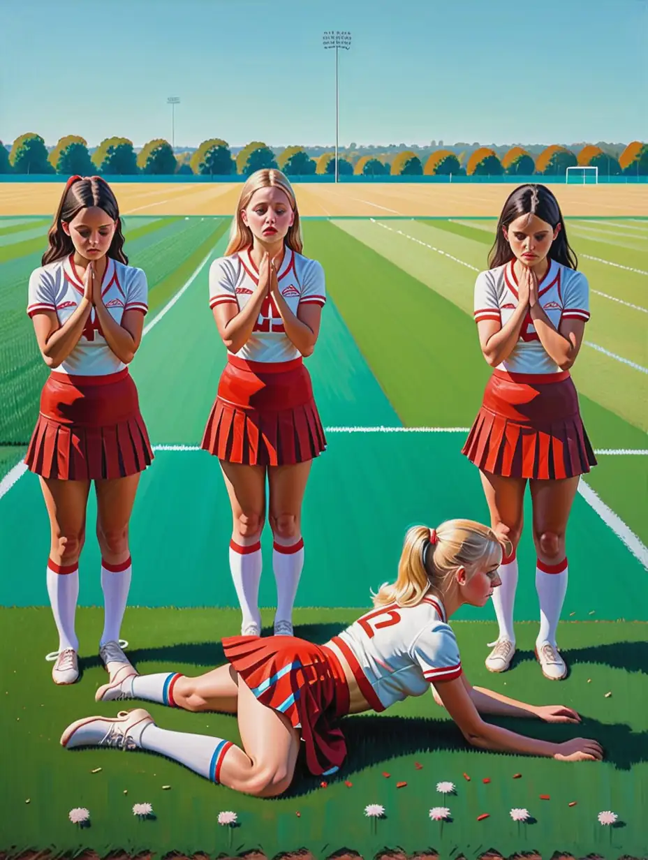 contemporary art painting of sad cheerleaders crying in the grass on a field, naïve style, bad painting, by david hockney , an imagined provenance suitable for Christie's fine art auction, modern art,