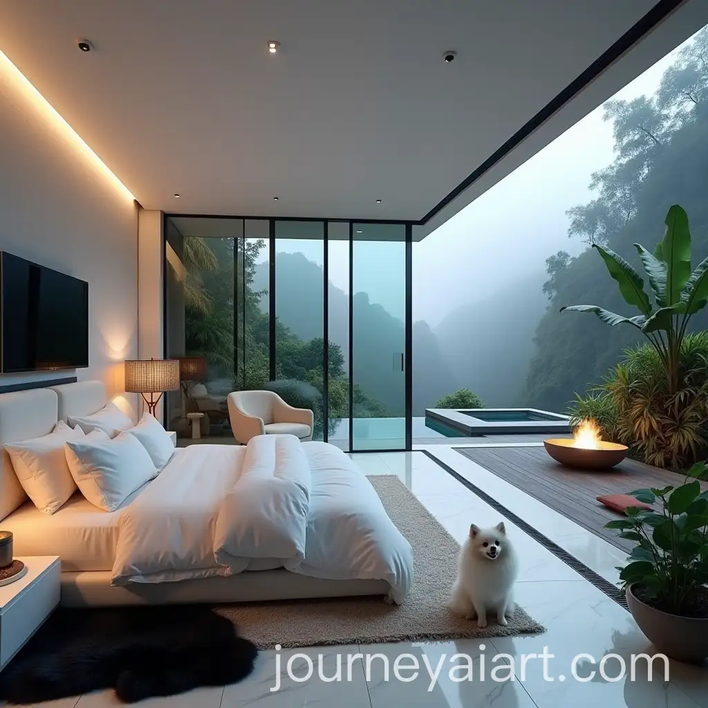 Modern-White-Bedroom-with-Pomeranian-and-Tropical-Cliff-View-at-Night