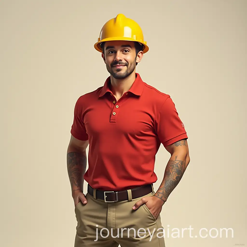 Dragon-Ball-Character-in-Red-Polo-Shirt-Khaki-Pants-and-Yellow-Safety-Helmet