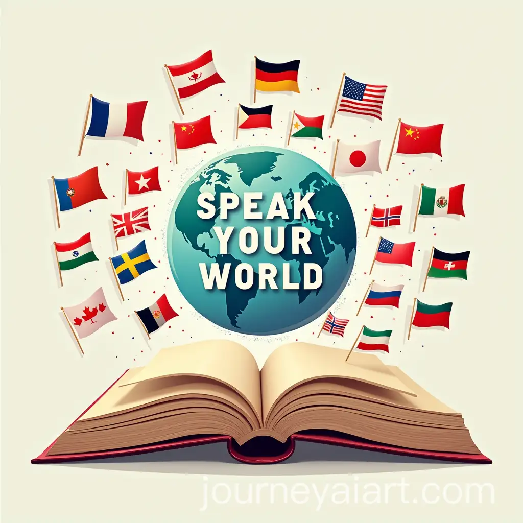 Book-Turning-Pages-Surrounded-by-International-Flags-with-Speak-Your-WorldAI-Image-Prompt-Expansion-Text