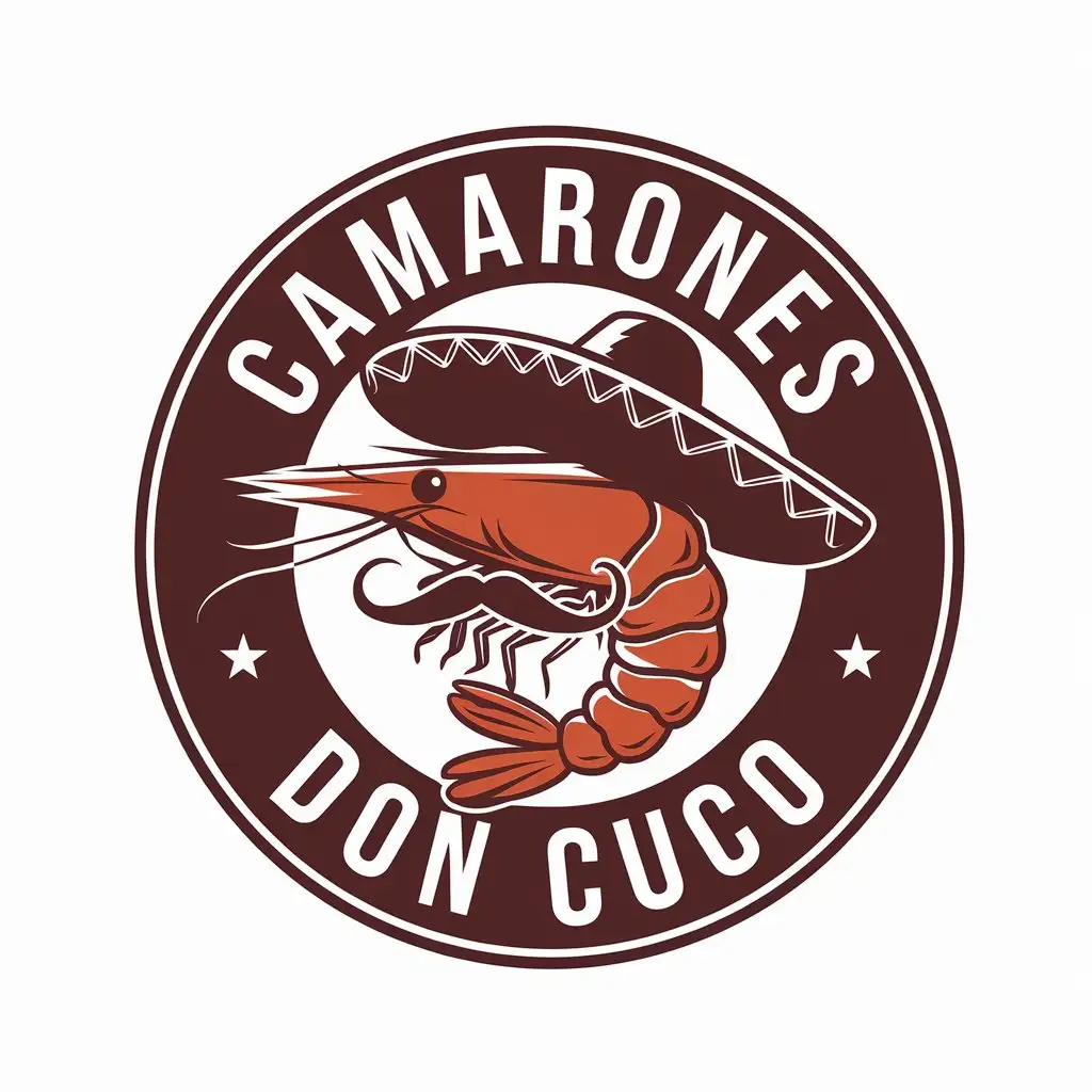 a vector logo design,with the text "Camarones don cuco", main symbol:Dry shrimp with Mexican hat and mustache,Moderate,be used in Restaurant industry,clear background