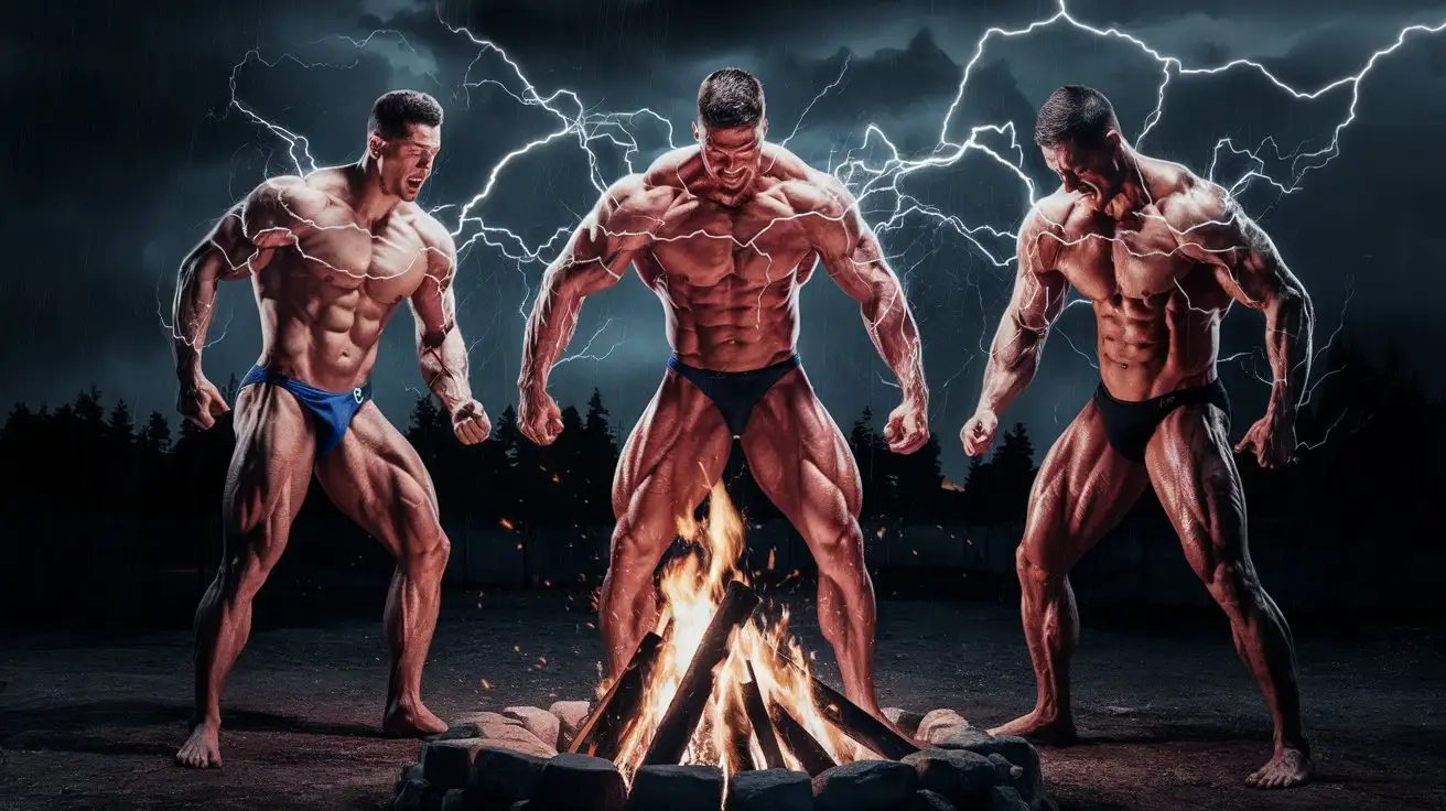 Three powerfully muscled, hugely ripped, pumped musclegod bodybuilders stand around a campfire at night, in agony as violent luminous lightning and electricity surges through their muscles. 26 years old. Photorealistic.