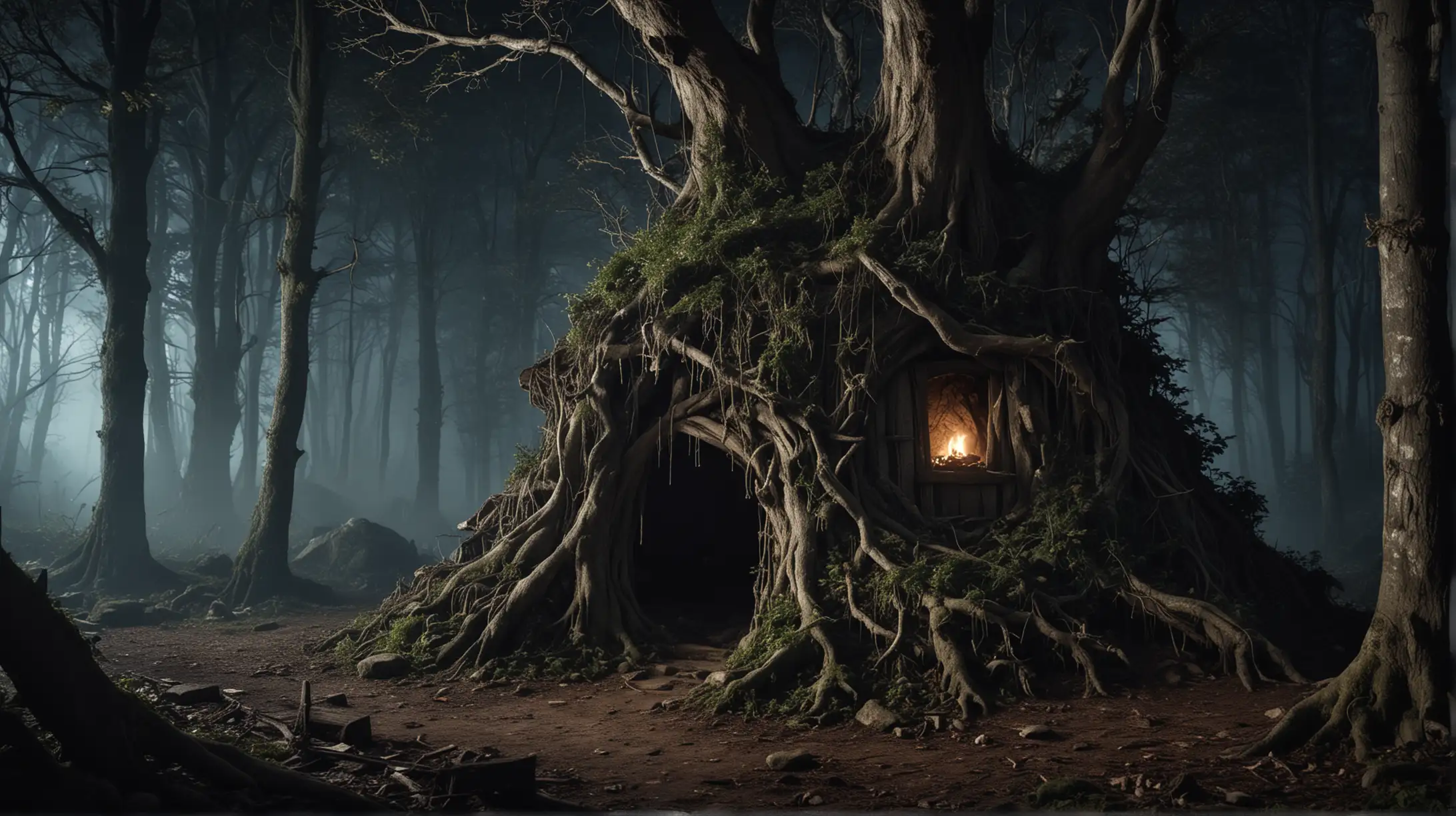 Witchs Lair in Forest Tree 1700s Horror Film Setting