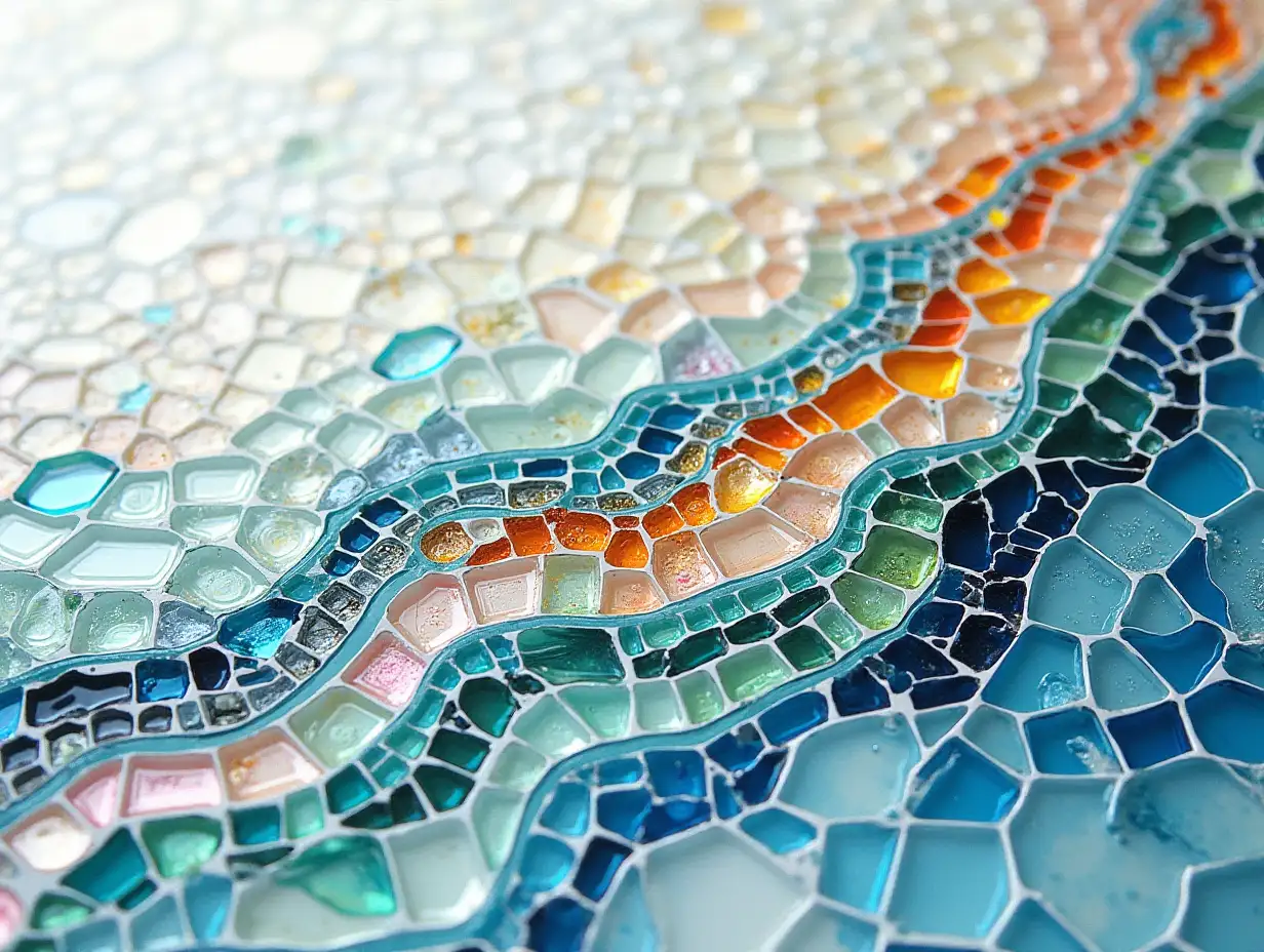 An abstract mosaic composed of fluid glass fragments, with smooth, flowing lines and a sense of harmony and balance between the individual pieces