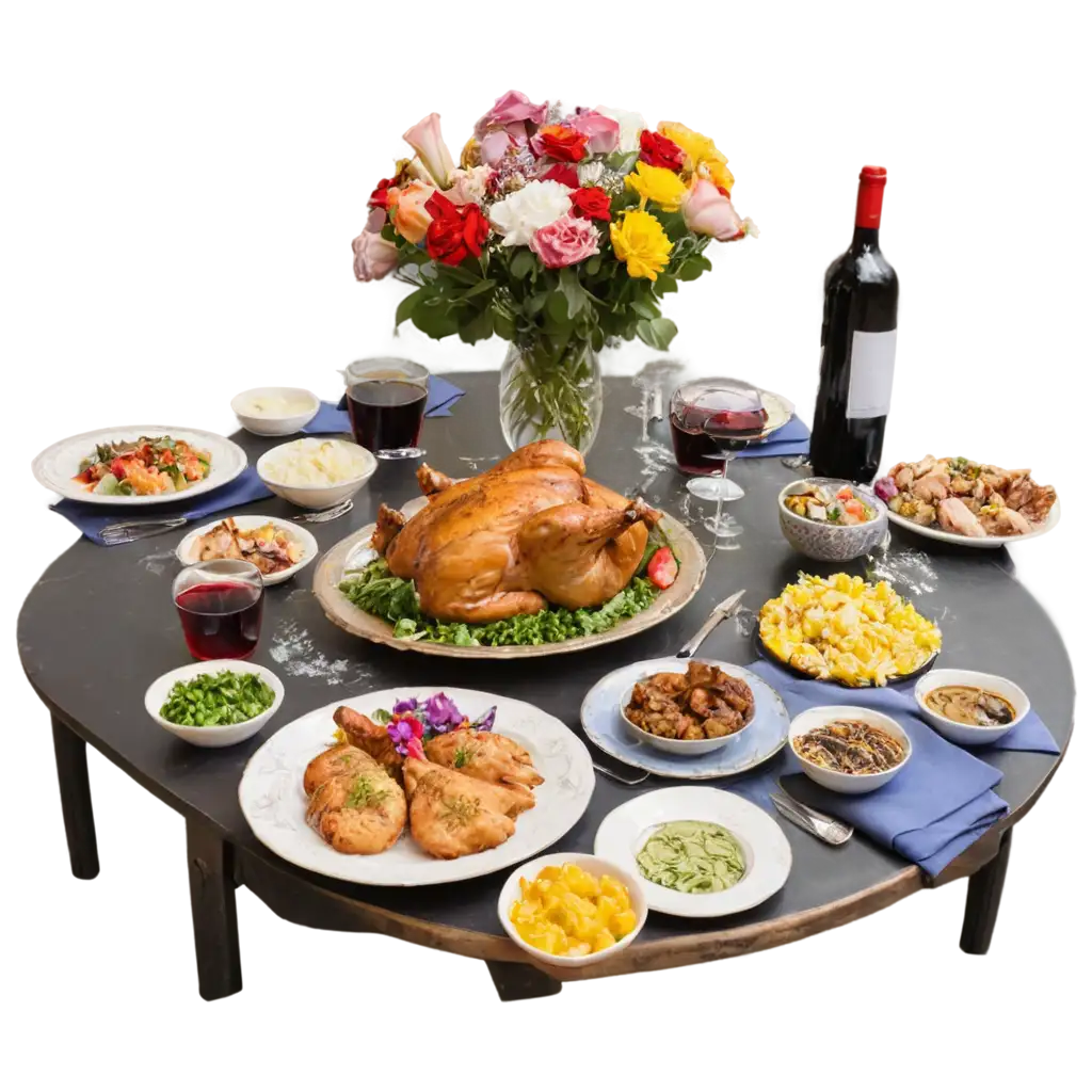 Exquisite-Dining-Table-PNG-Image-Featuring-Assorted-Food-Large-Chicken-Wine-and-Floral-Decorations