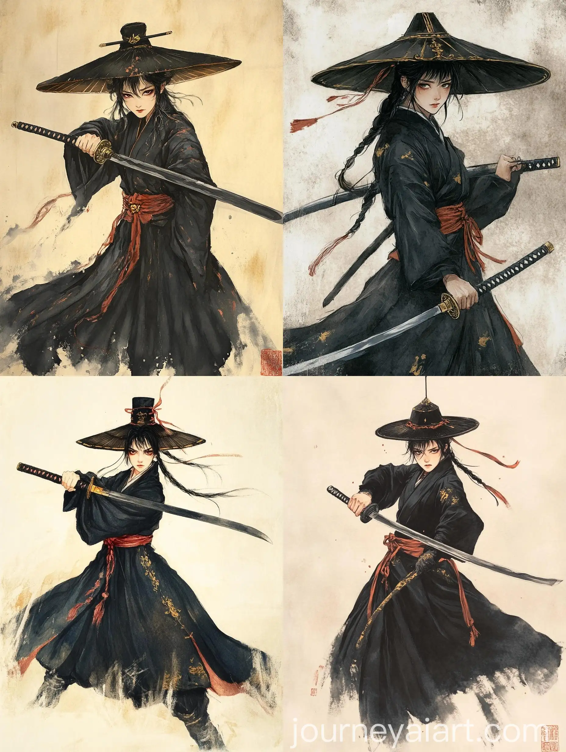 Traditional-East-Asian-Ink-Painting-of-a-Grim-Female-Warrior-with-Sword