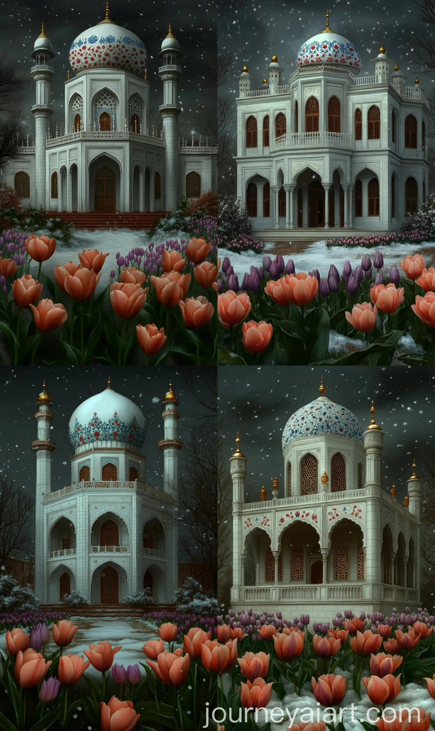 Watercolor-Art-of-MultiLevel-Mughal-Madrasa-of-Uzbekistan-with-Floral-Motifs-and-Lavender-Tulip-Courtyard
