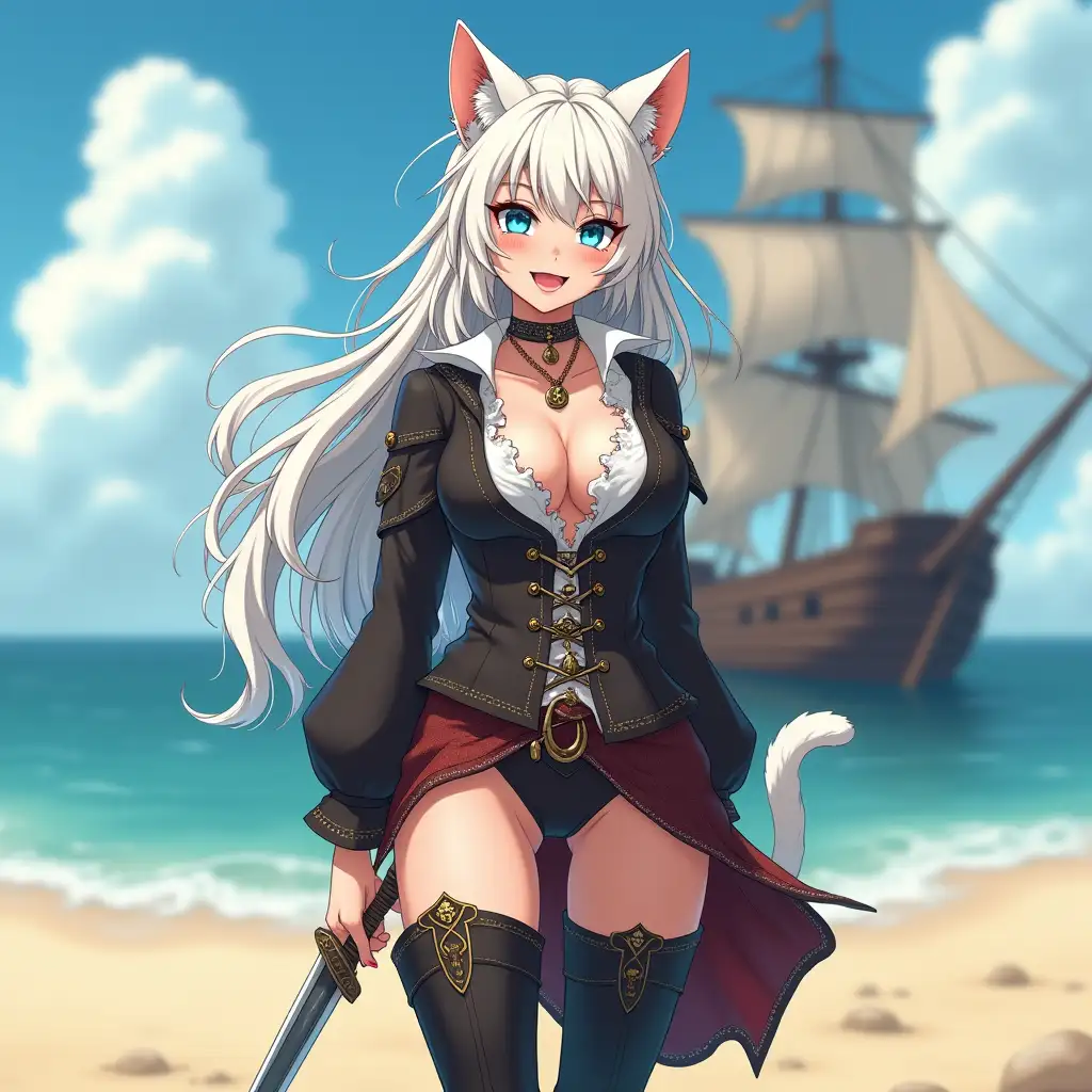 A mature adult feline/woman dressed as a pirate with a sword on a beach.  A pirate ship in the background. Her 30-something years are disguised by her youthful facial features, except for her subtle wrinkles around the eyes, extremely slender body. Her ample bosom strains against her clothing, threatening to burst free from the fabric, extreme cleavage.  Wearing black thigh high pirate boots. She has piercing blue cat eyes. A choker adorns her neck, a subtle hint at her feline nature. Her long, white hair cascades down her back like a wild waterfall, tangled and disheveled. Her cat-like teeth glint in the light, as her white fur-lined ears punctuate her visage with sparkling black and gold earring adorns each ear, adding a touch of elegance to her feline features. Cat whiskers on her face. The attached tail at the base of her spine stirs lazily.  Long fingernails. Full body view. Anime.