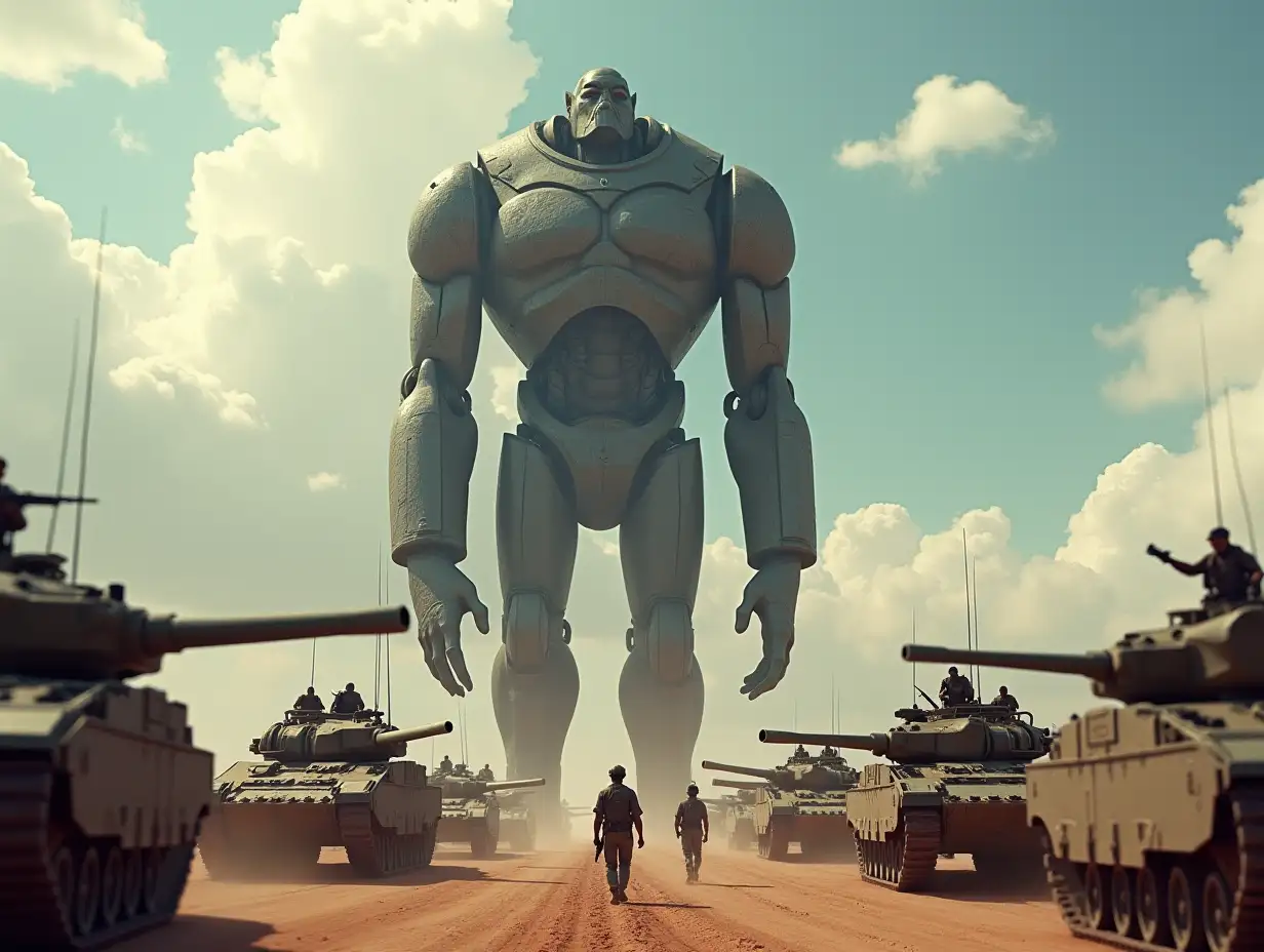 Create ki fantasy with a high-resolution, realistic image of the artificial Robert, 40 meters tall, and soldiers with weapons and tanks on the Pandora 4k resolution