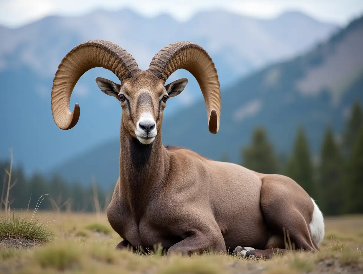 Laying down BigHorn Sheep (Ovis canadensis) ram portrait. Canadian Rockies Jasper National Park landscape background. Nature scenery.