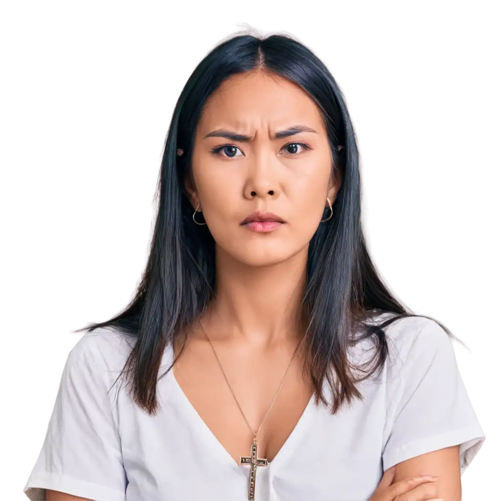 Angry-and-TearyEyed-Asian-Woman-PNG-Image-with-White-Shirt-and-Crucifix-Necklace