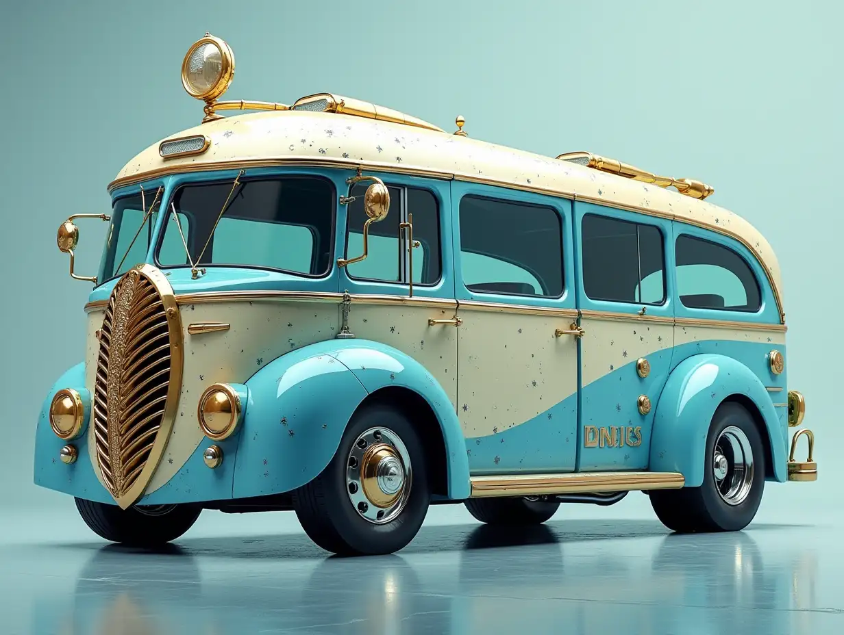 Supermoderne utopische Sportarten Omnibus with Gold and white Lightning blue color with round Ornaments,lowered Body, 18-inch Rims, Aluminum Wheels, Cream Blue Gold, Cyberpunk.