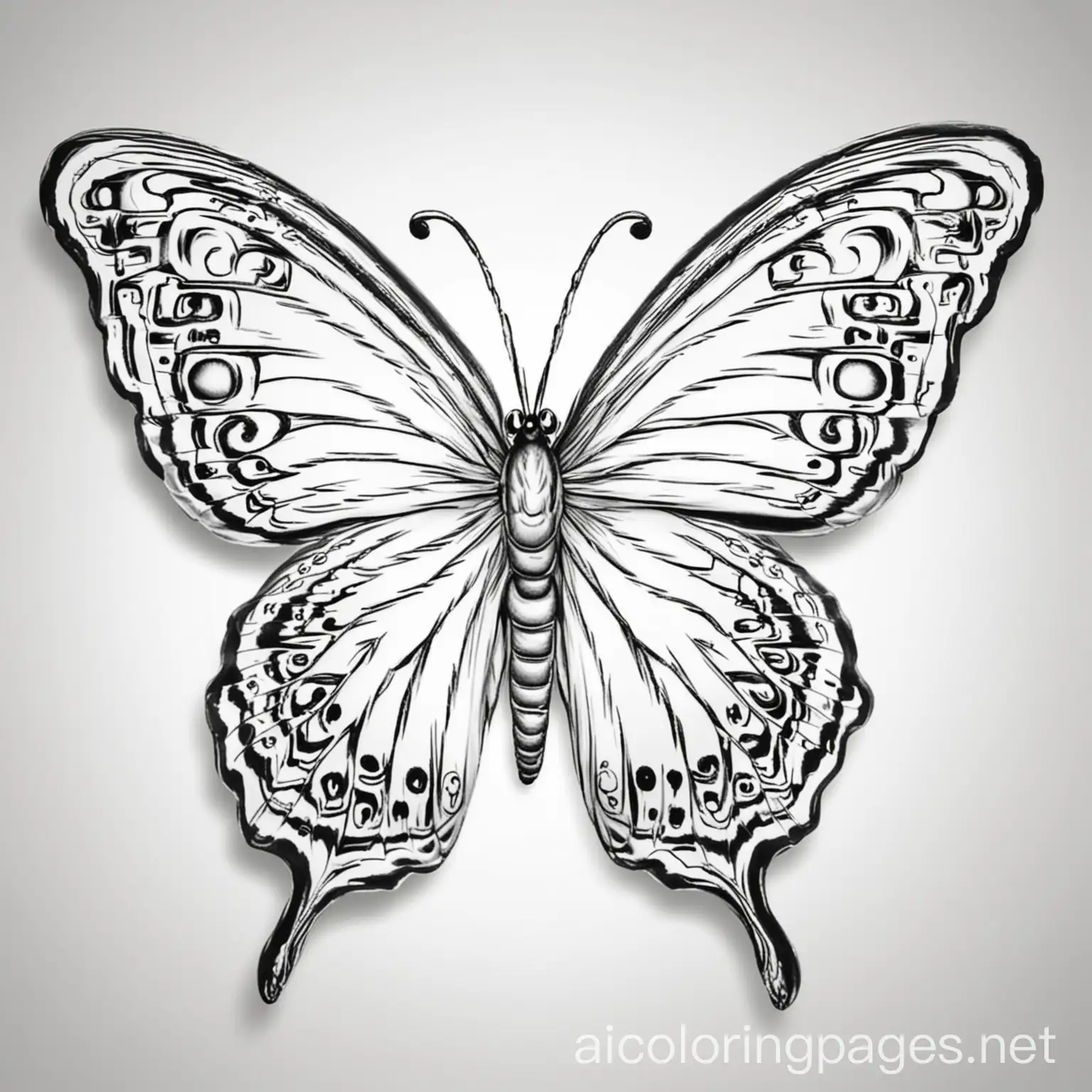 a butterfly with large beautiful wings, Coloring Page, black and white, line art, white background, Simplicity, Ample White Space. The background of the coloring page is plain white to make it easy for young children to color within the lines. The outlines of all the subjects are easy to distinguish, making it simple for kids to color without too much difficulty