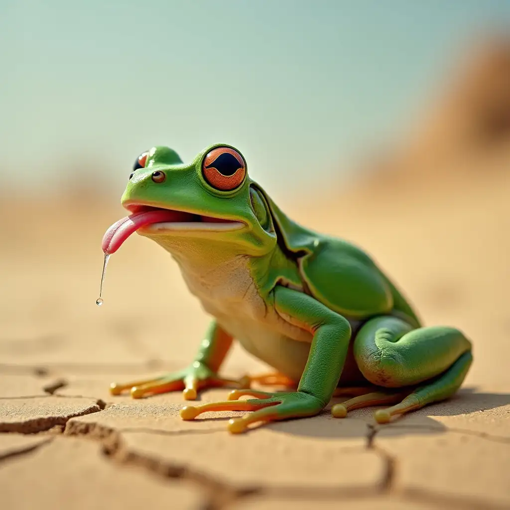 A real green frog looking for water in the desert and sticking out his tongue from thirst Dry and cracked desert